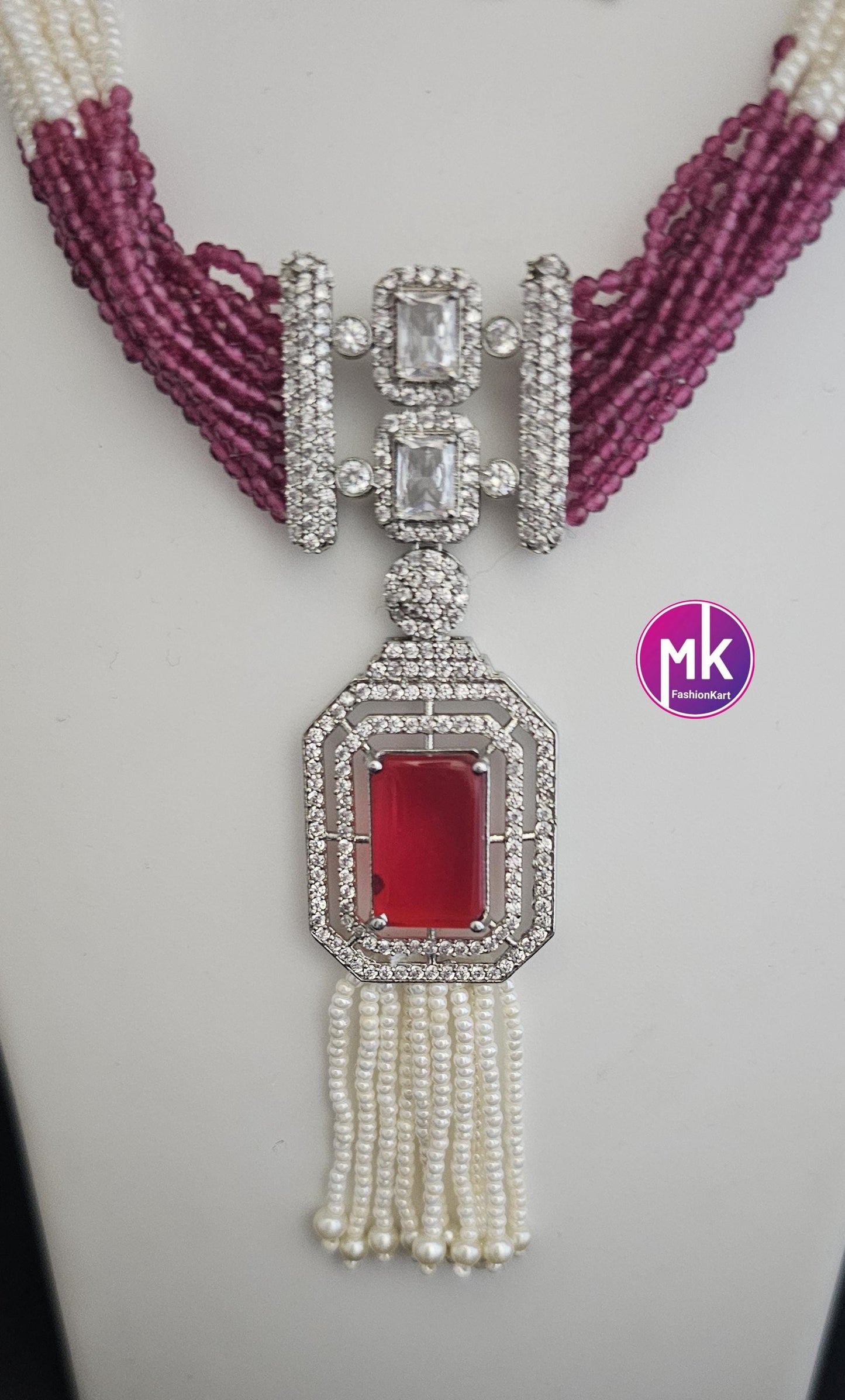 Celebrity Style Premium Silver finish Silver AD/CZ stone Choker with multi-strand piroyi pearls with Beautiful Earrings - MK Fashionkart