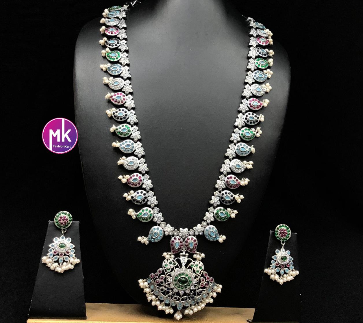 Celebrity Style Premium Quality pure German Silver finish Mango long Haram matching Earrings - Look like Silver Replica set - MK Fashionkart