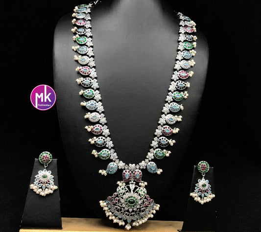 Celebrity Style Premium Quality pure German Silver finish Mango long Haram matching Earrings - Look like Silver Replica set - MK Fashionkart