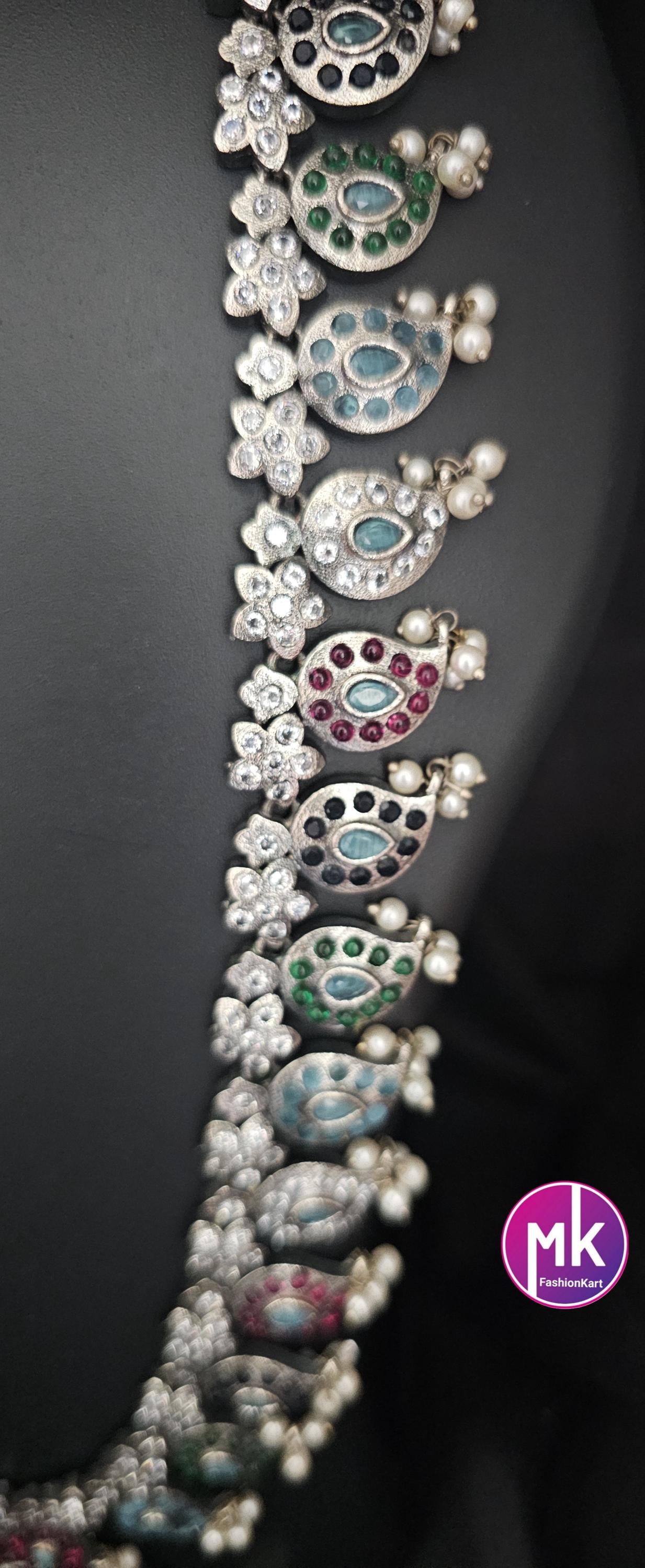 Celebrity Style Premium Quality pure German Silver finish Mango long Haram matching Earrings - Look like Silver Replica set - MK Fashionkart