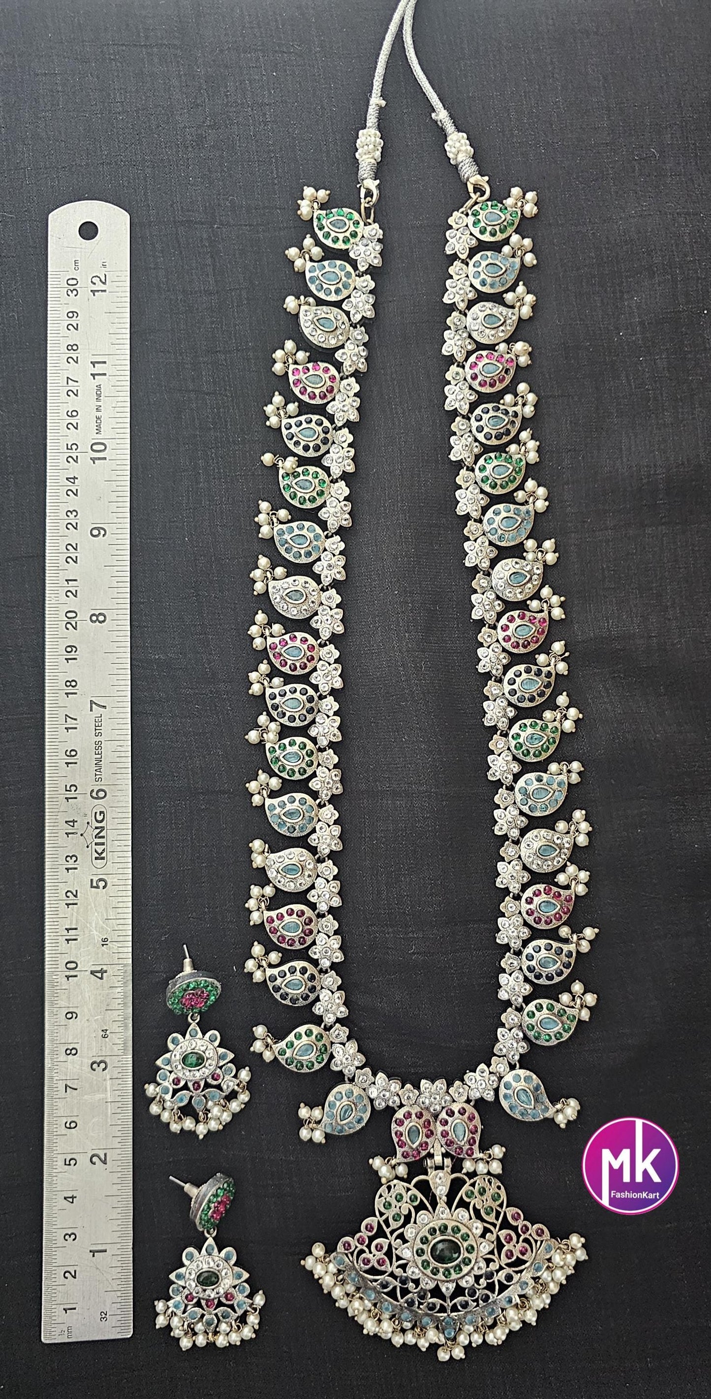 Celebrity Style Premium Quality pure German Silver finish Mango long Haram matching Earrings - Look like Silver Replica set - MK Fashionkart