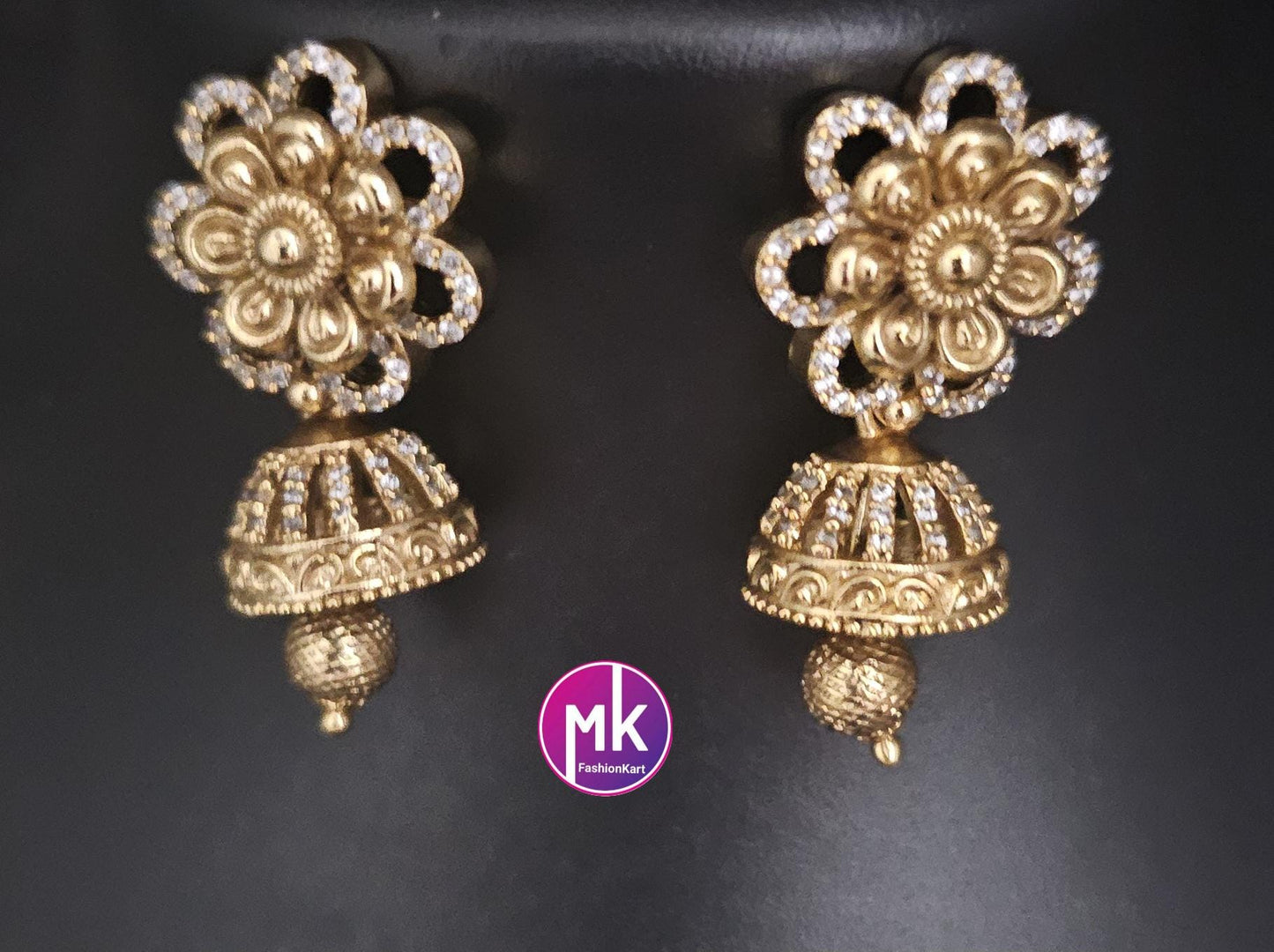 Lakshmi Matte gold finish Pendent (Removable) with Swarovski pearls long Mala with cute Jhumka - Bridal Jewelry - MK Fashionkart