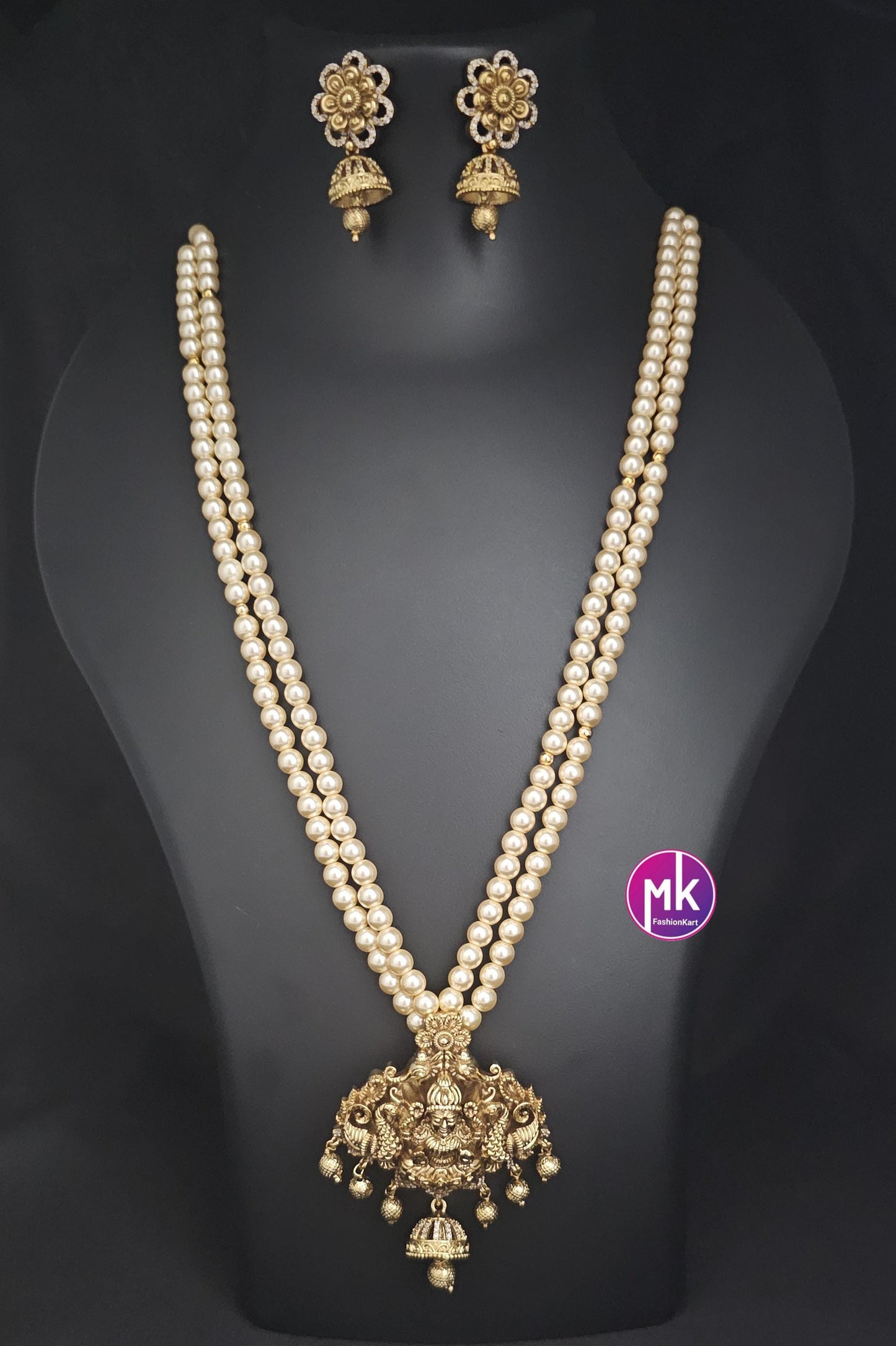 Lakshmi Matte gold finish Pendent (Removable) with Swarovski pearls long Mala with cute Jhumka - Bridal Jewelry - MK Fashionkart