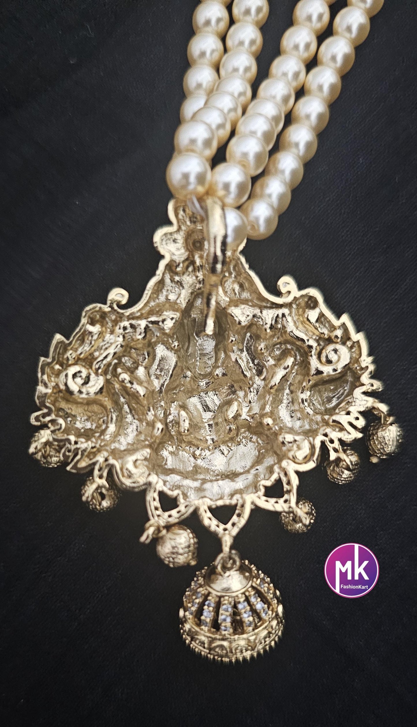 Lakshmi Matte gold finish Pendent (Removable) with Swarovski pearls long Mala with cute Jhumka - Bridal Jewelry - MK Fashionkart