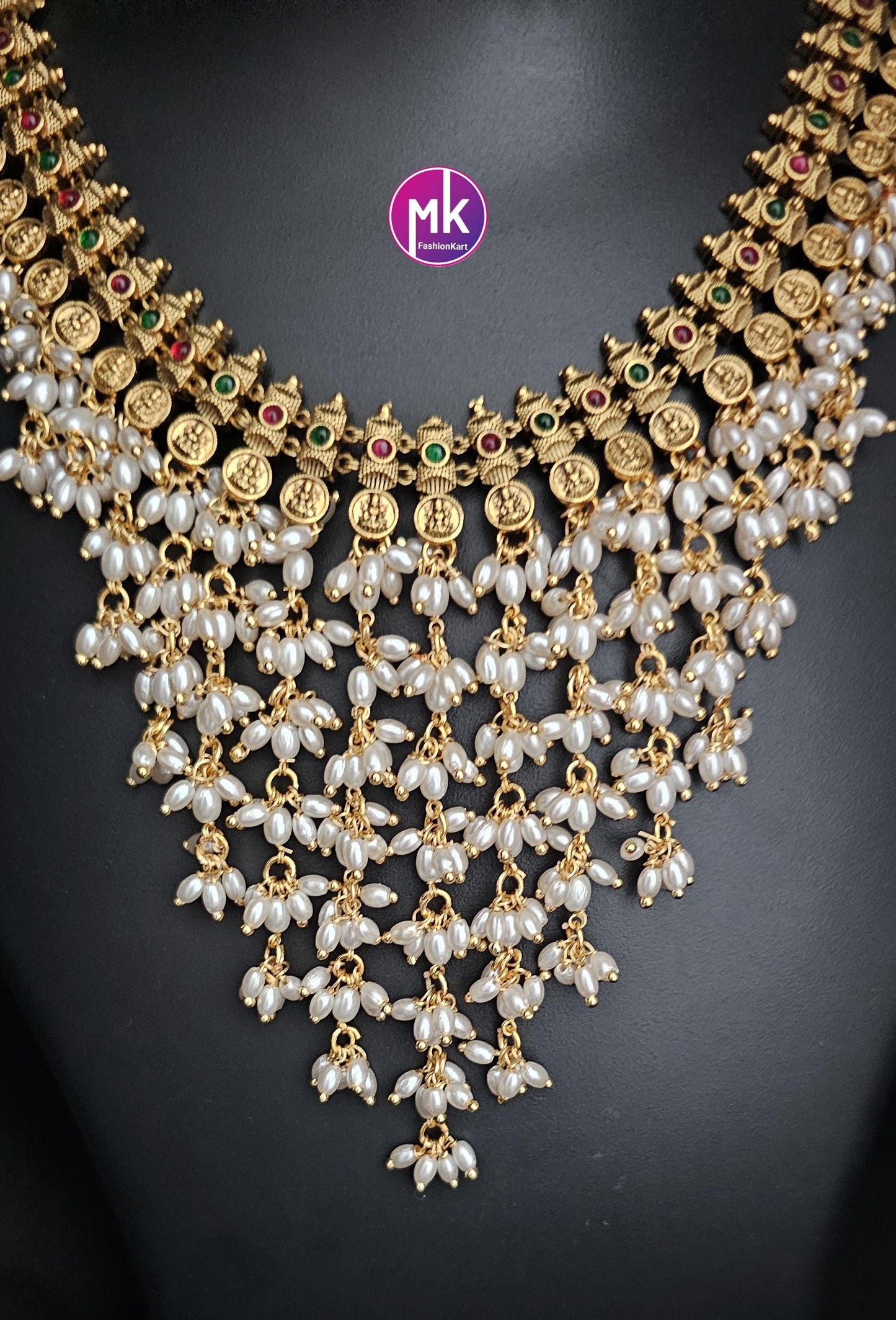 Lakshmi Premium Quality Matte gold finish unique step by step design rice pearl Choker cum Necklace with matching Earings - MK Fashionkart