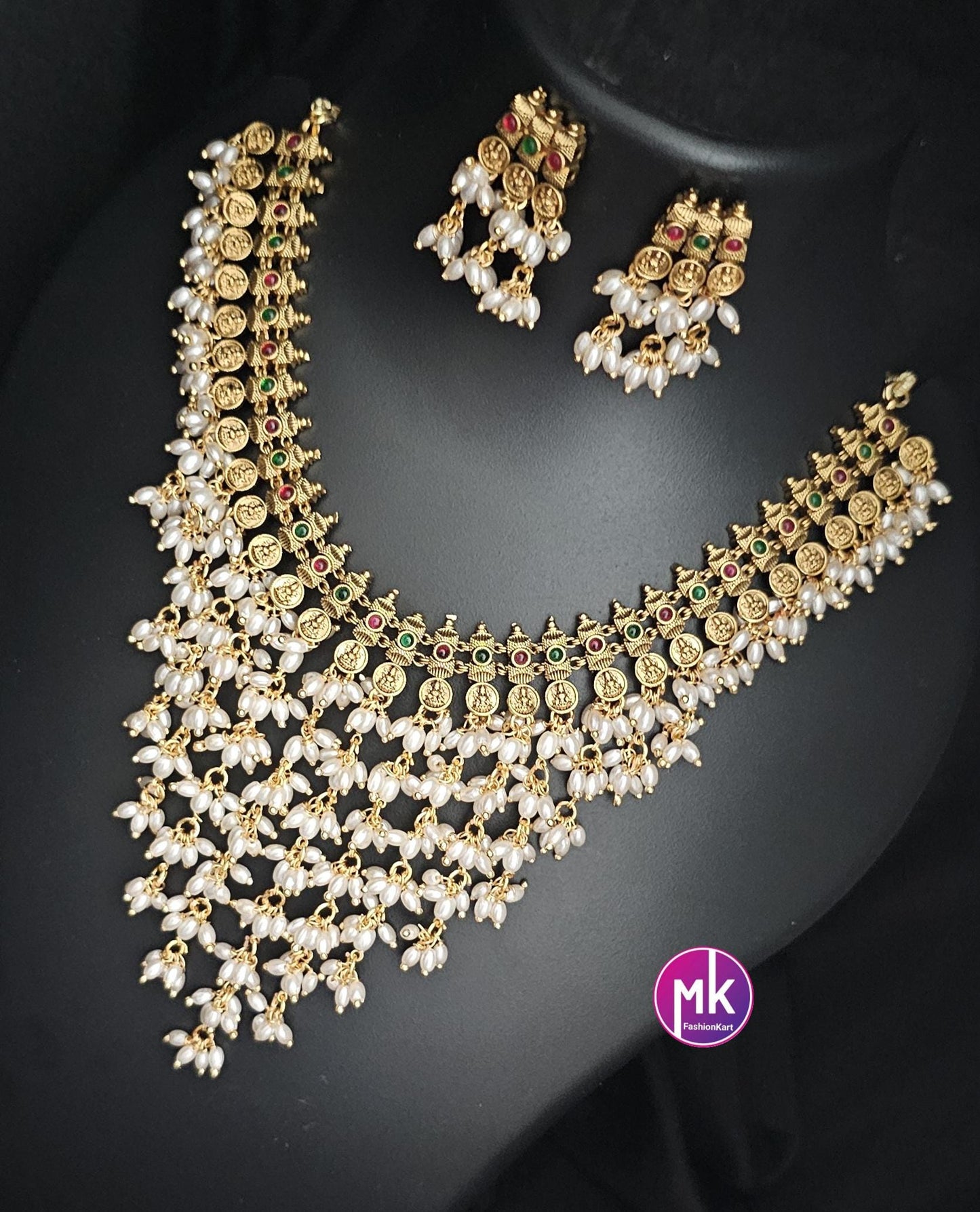 Lakshmi Premium Quality Matte gold finish unique step by step design rice pearl Choker cum Necklace with matching Earings - MK Fashionkart