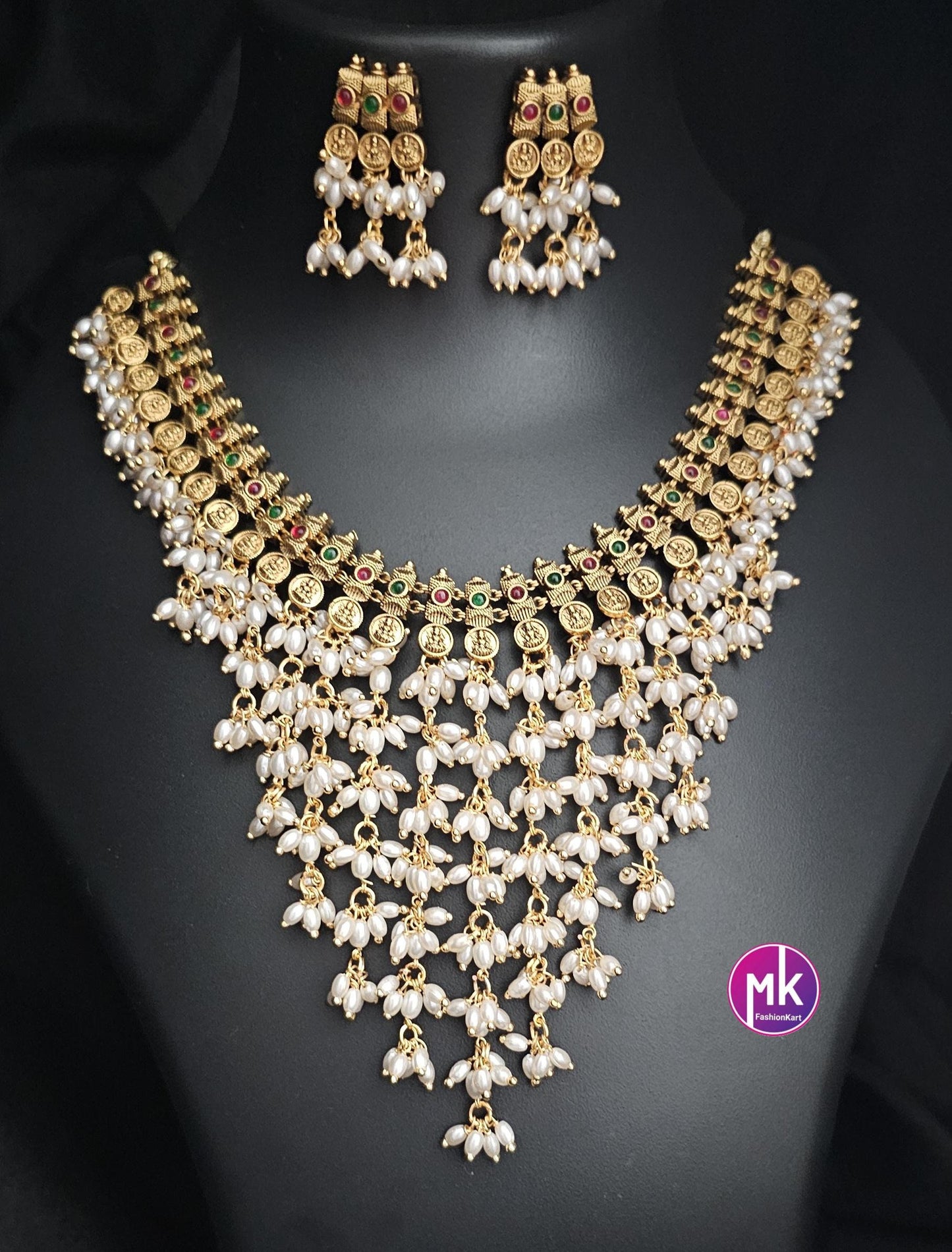 Lakshmi Premium Quality Matte gold finish unique step by step design rice pearl Choker cum Necklace with matching Earings - MK Fashionkart