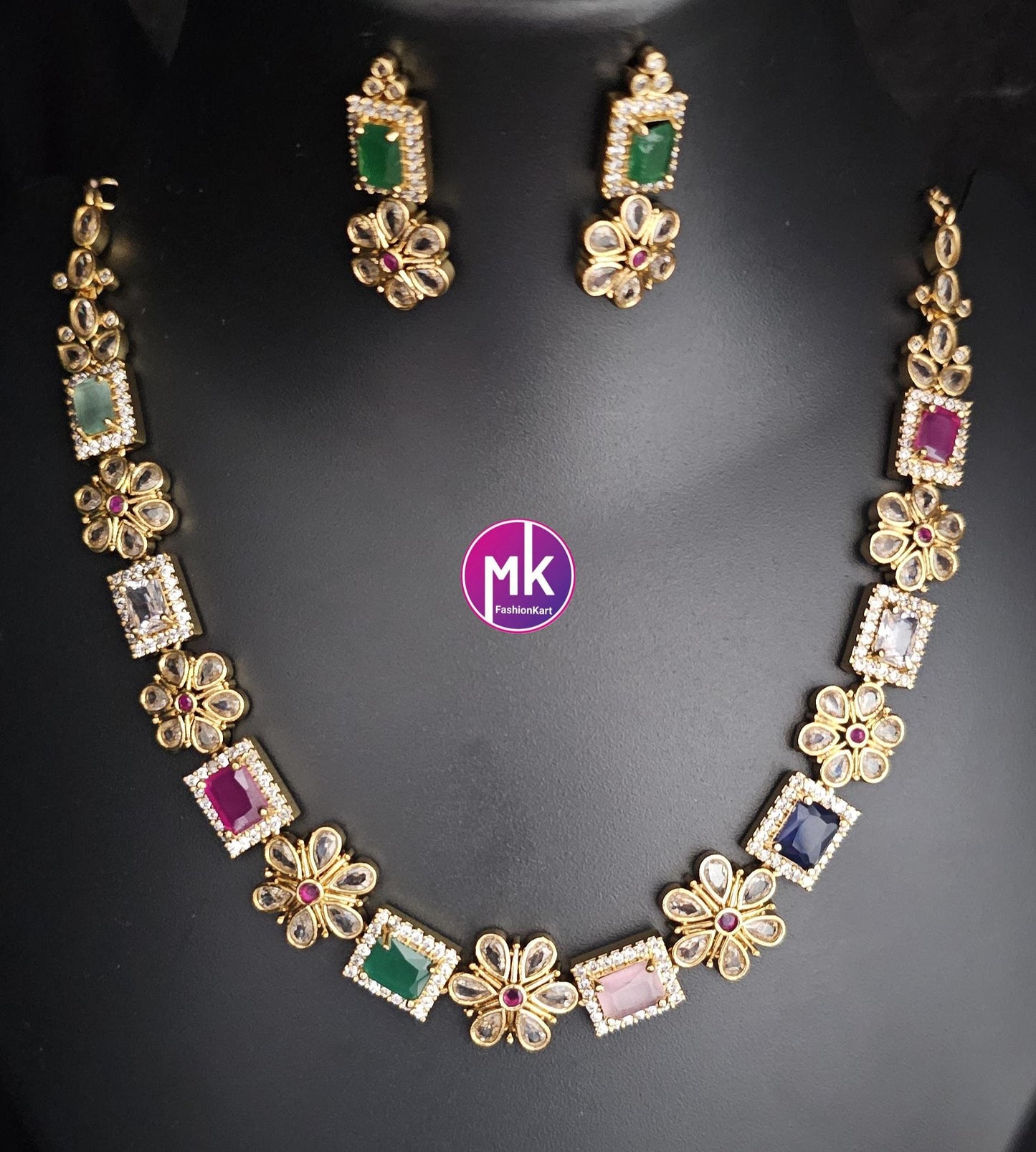 Premium quality Multi-color AD/CZ stone Flower design Necklace with cute Earrings - Gold Jewelry Replica Haram - MK Fashionkart