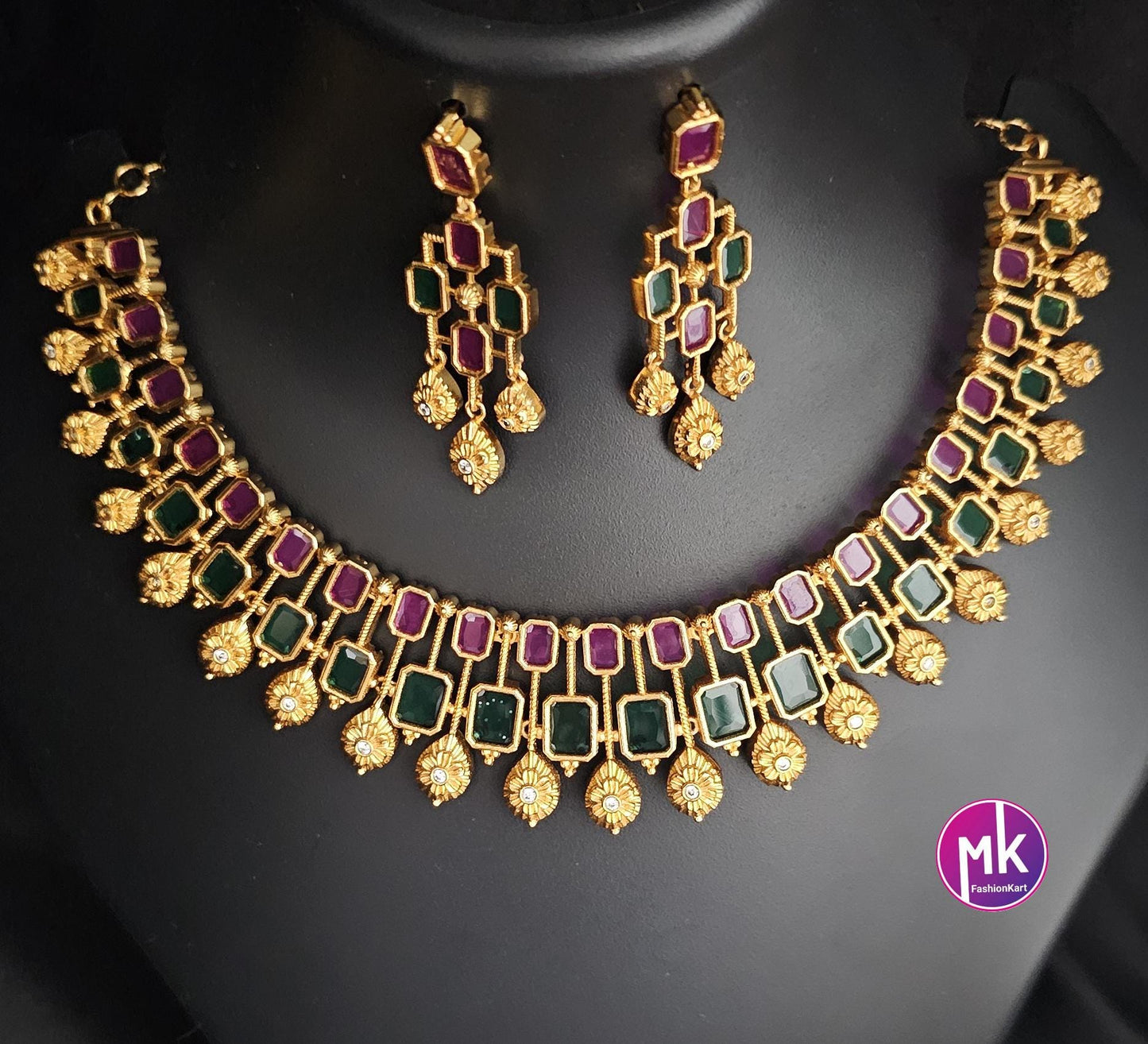 Celebrity Style Premium Quality Matte finish Choker cum Necklace with AD stones and Beautiful Earrings - Bridal Jewelry - MK Fashionkart