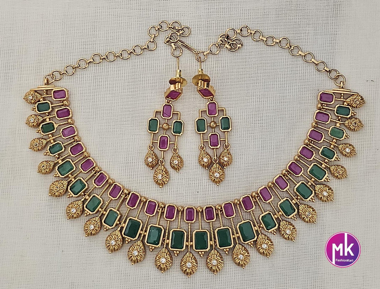 Celebrity Style Premium Quality Matte finish Choker cum Necklace with AD stones and Beautiful Earrings - Bridal Jewelry - MK Fashionkart