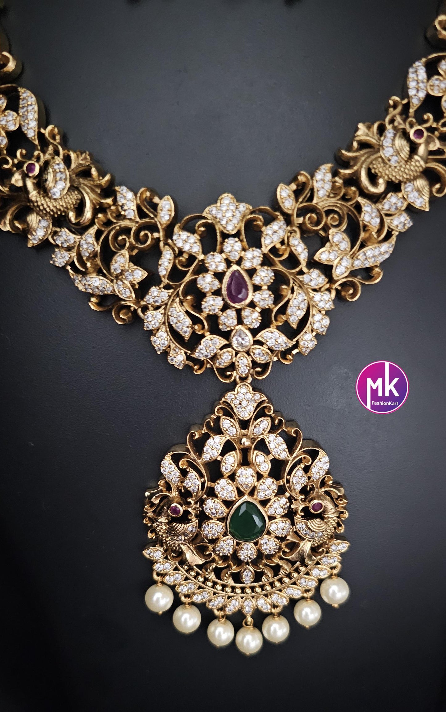Peacock design Premium Quality Matte gold finish Kemp stone Necklace with pendent and matching Big Earrings - Bridal Jewelry - MK Fashionkart