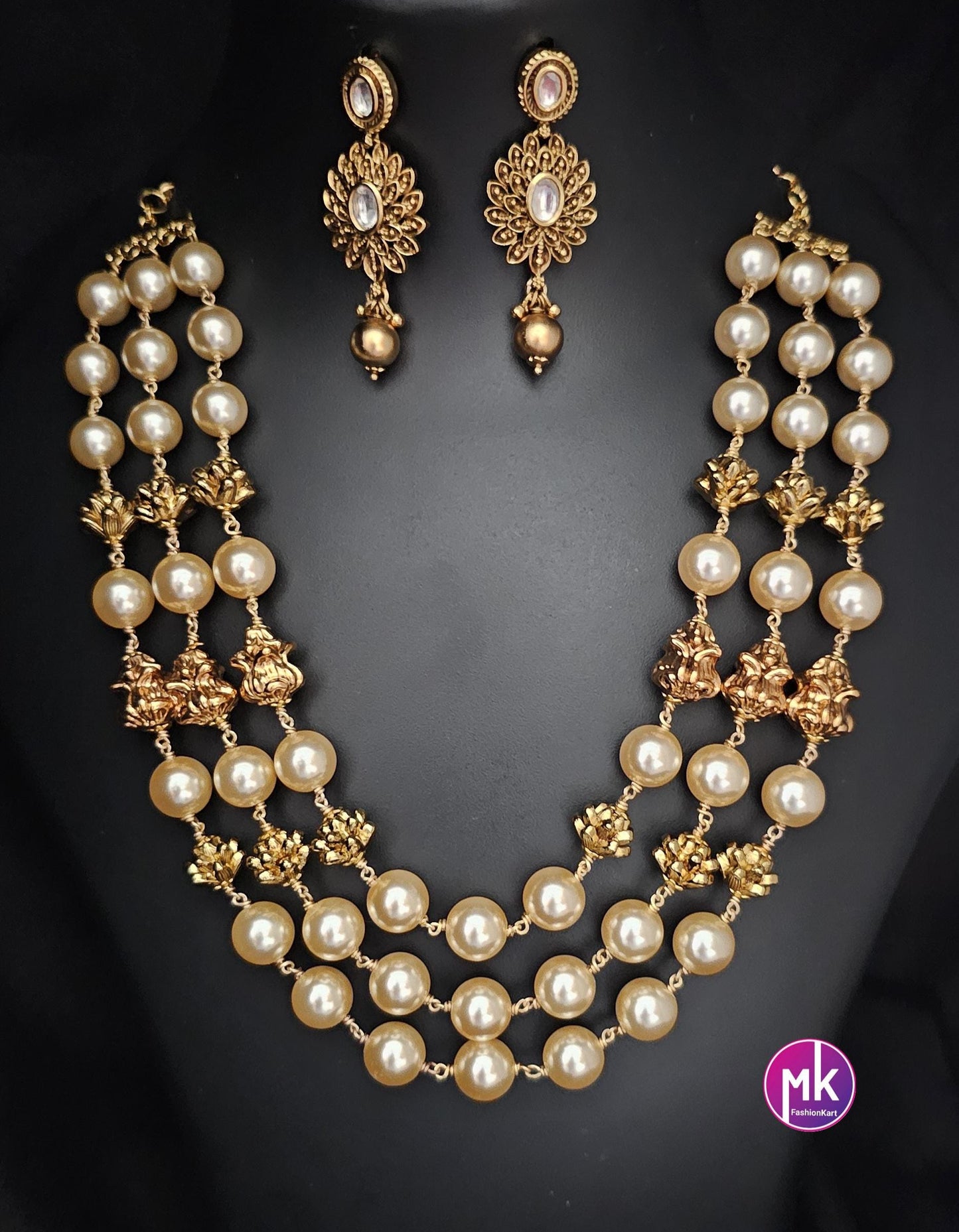 Celebrity style Triple strand Pearl and gold bead Premium Quality mala matte finish Necklace with Polki kundan Earrings - MK Fashionkart