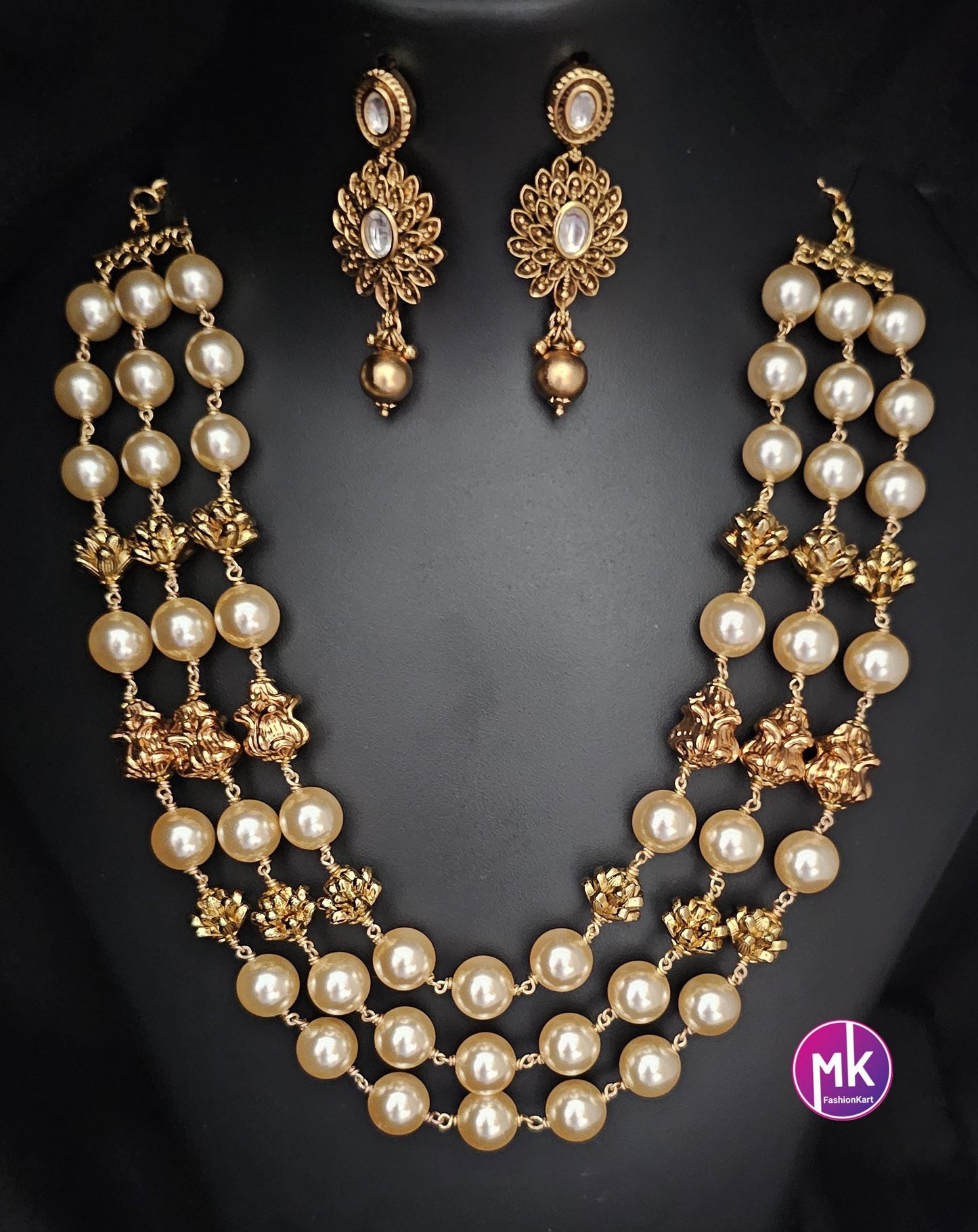 Celebrity style Triple strand Pearl and gold bead Premium Quality mala matte finish Necklace with Polki kundan Earrings - MK Fashionkart