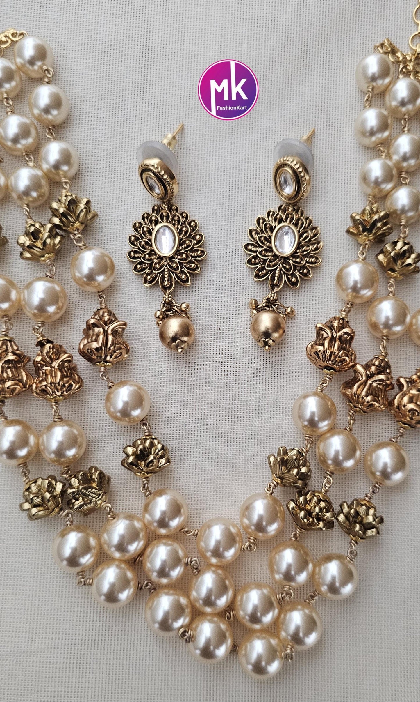 Celebrity style Triple strand Pearl and gold bead Premium Quality mala matte finish Necklace with Polki kundan Earrings - MK Fashionkart