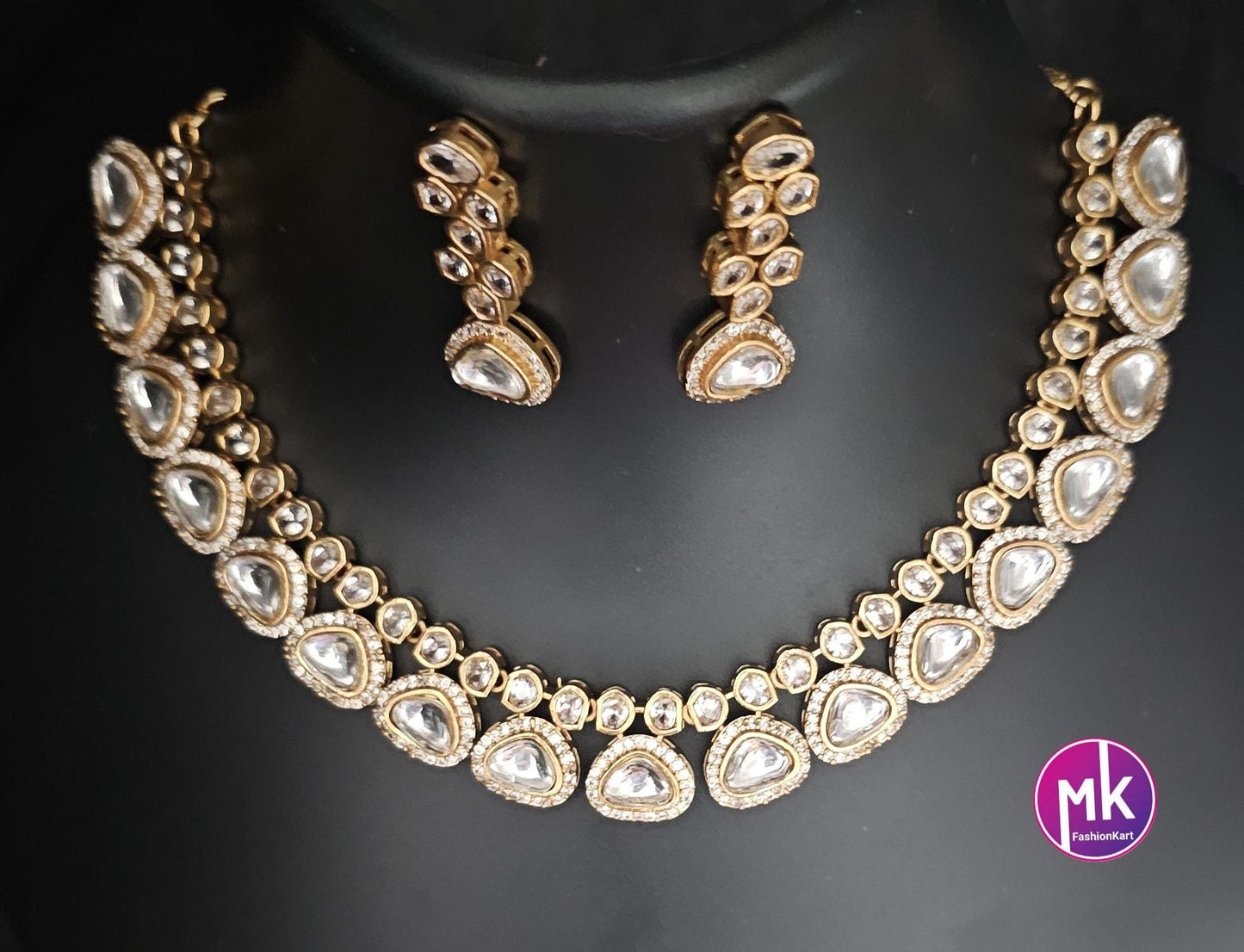 Celebrity Style Premium Quality Moissanite stone with CZ stones Necklace and Beautiful matching Earrings - Bridal Jewelry - MK Fashionkart