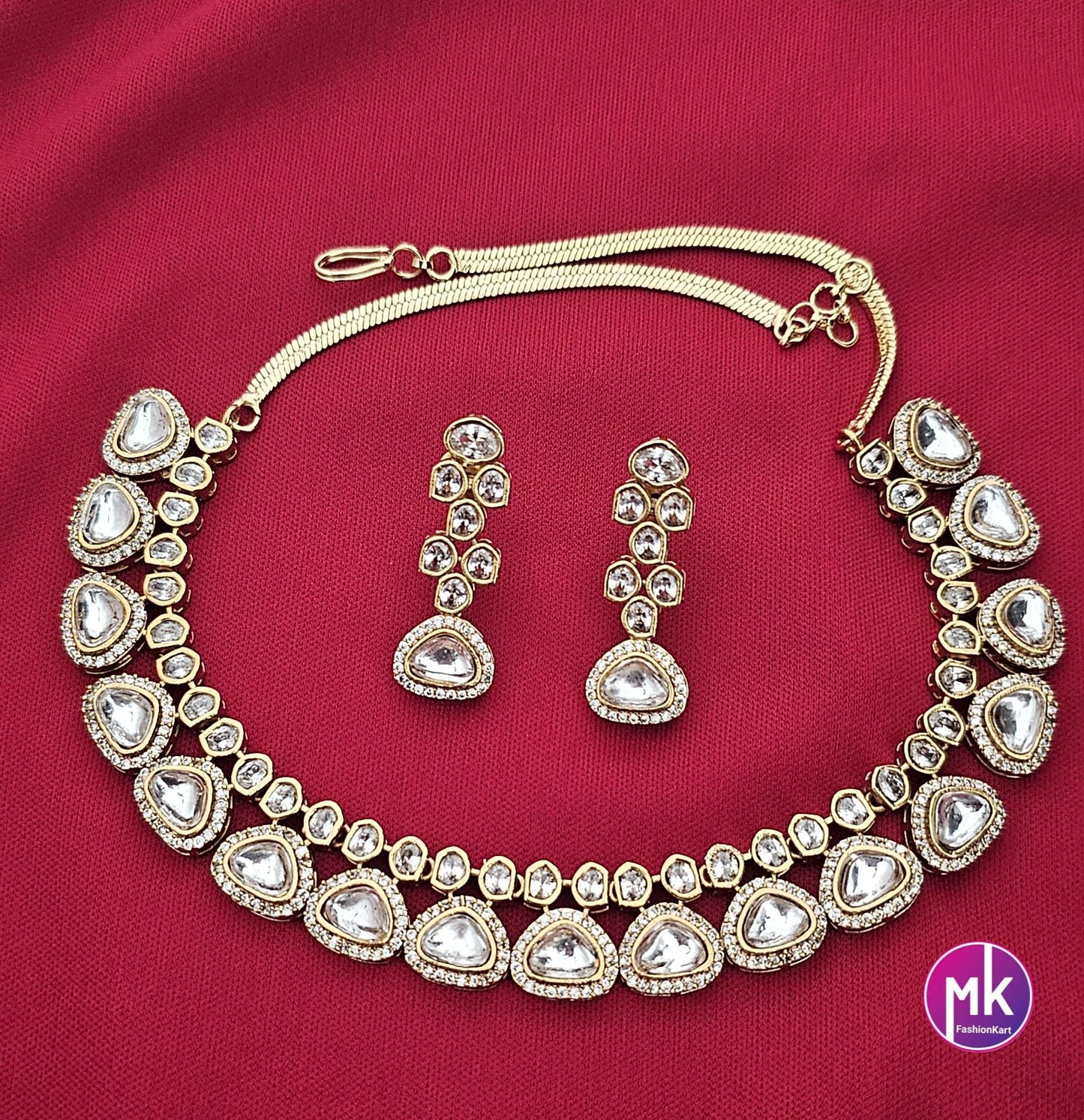 Celebrity Style Premium Quality Moissanite stone with CZ stones Necklace and Beautiful matching Earrings - Bridal Jewelry - MK Fashionkart