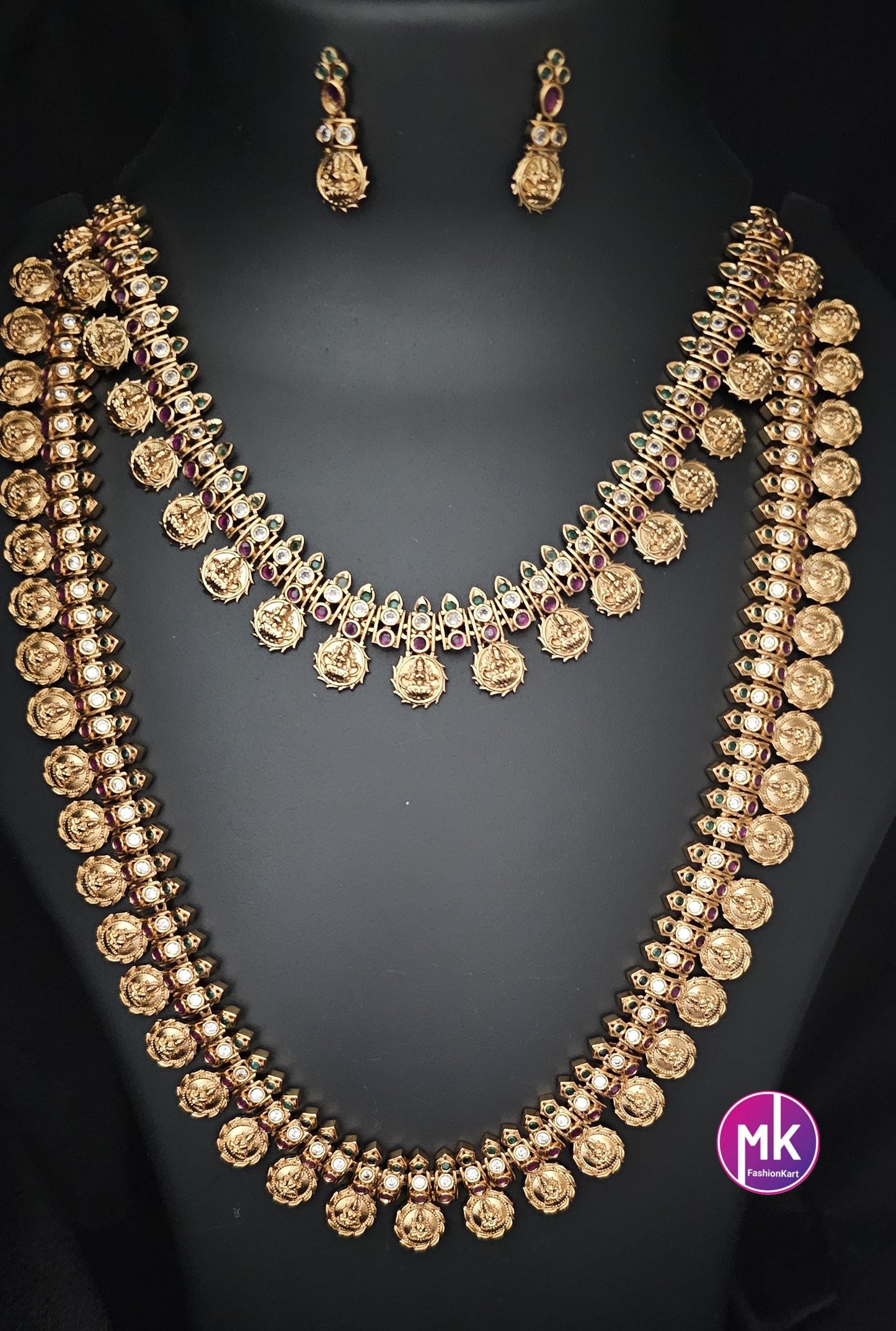 Lakshmi Kasu Premium quality Combo Multi-color AD stone Gold finish Combo set - Gold Jewelry Replica - Bridal Haram - MK Fashionkart