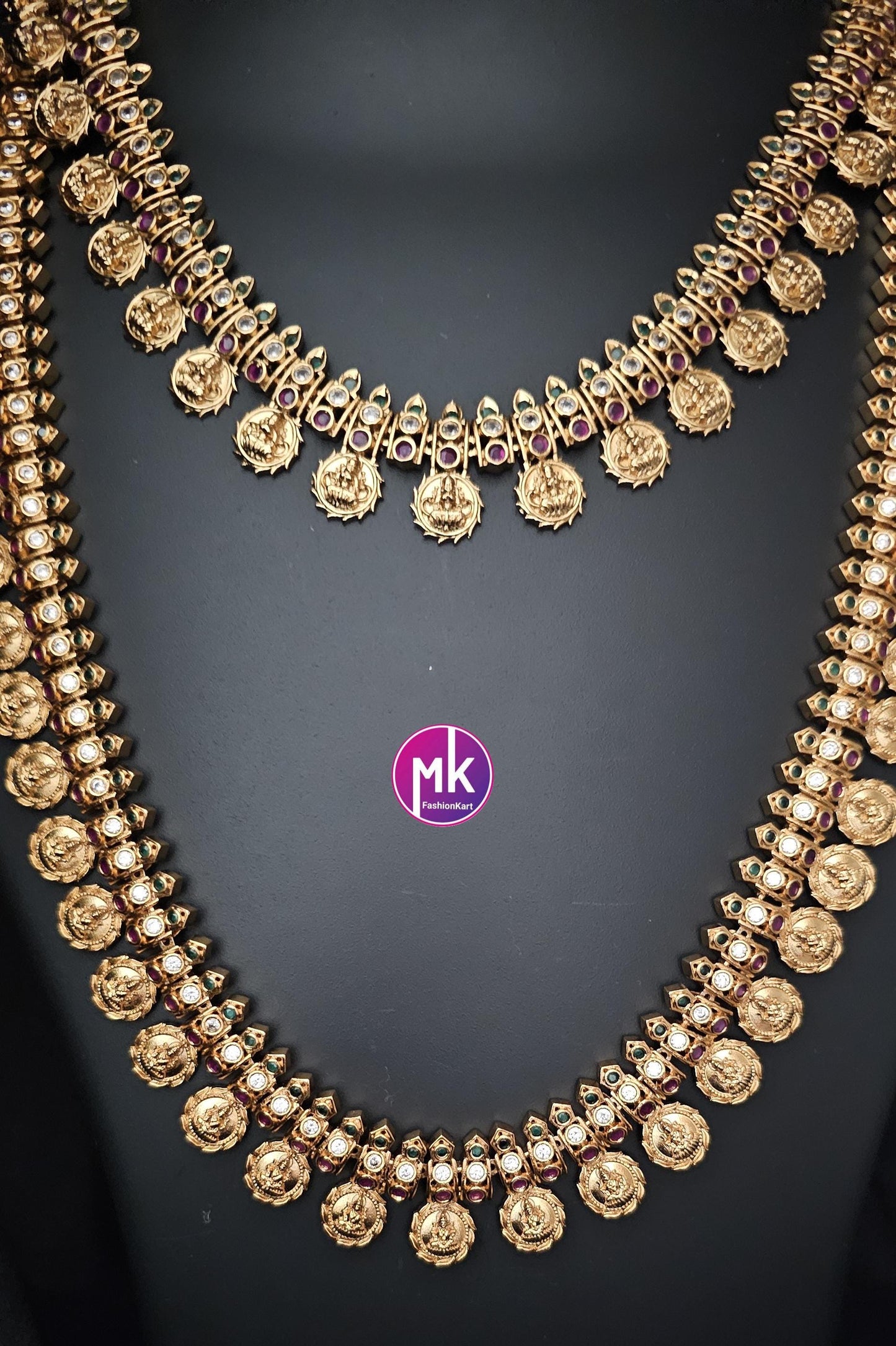 Lakshmi Kasu Premium quality Combo Multi-color AD stone Gold finish Combo set - Gold Jewelry Replica - Bridal Haram - MK Fashionkart