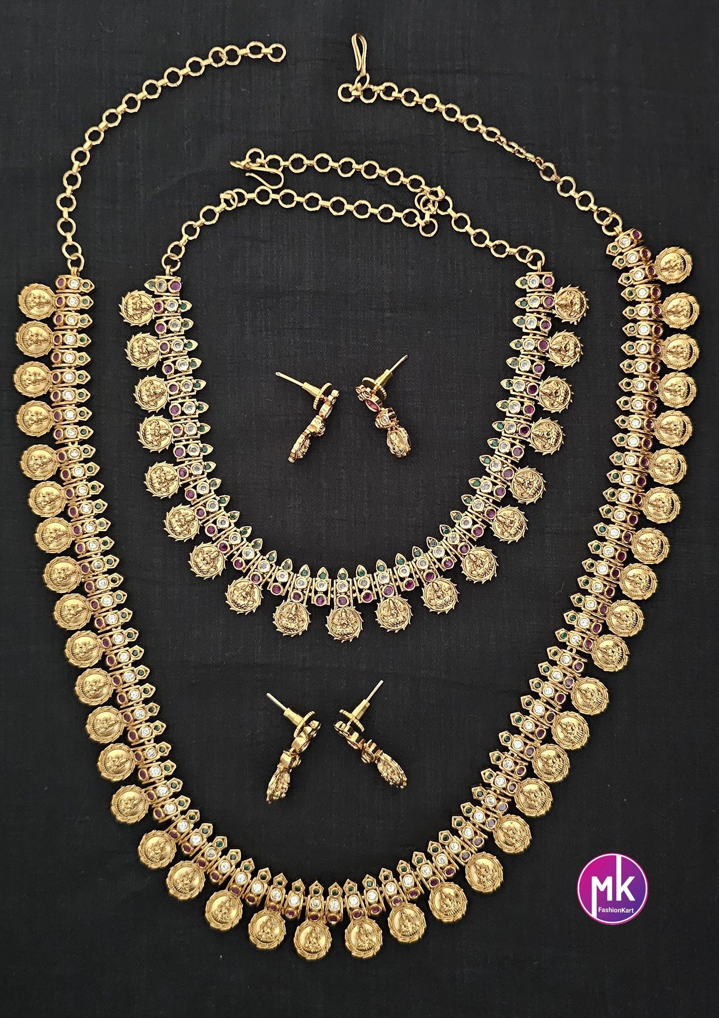 Lakshmi Kasu Premium quality Combo Multi-color AD stone Gold finish Combo set - Gold Jewelry Replica - Bridal Haram - MK Fashionkart