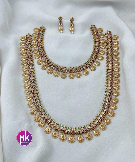 Lakshmi Kasu Premium quality Combo Multi-color AD stone Gold finish Combo set - Gold Jewelry Replica - Bridal Haram - MK Fashionkart