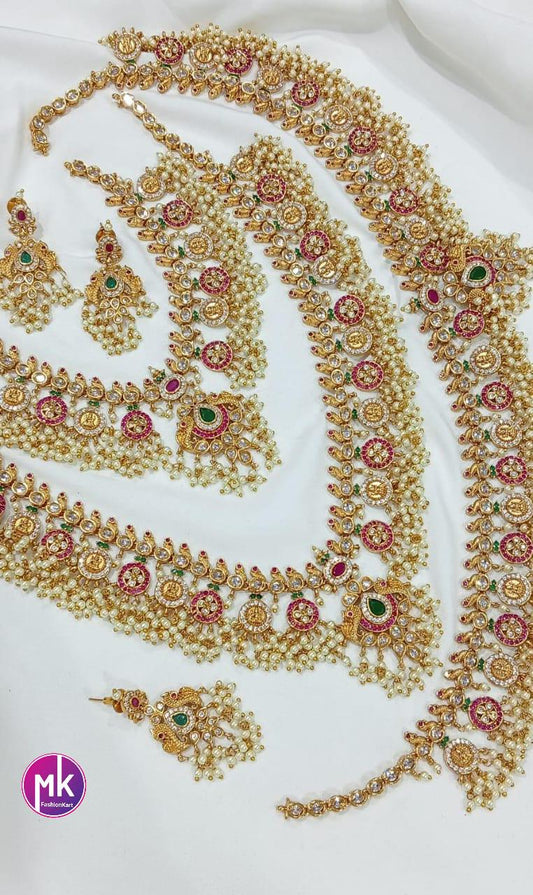 Celebrity Style Peacock Guttapusalu Premium quality Kemp stone Gold Jewelry Replica Combo set - Bridal set - Wedding set - MK Fashionkart