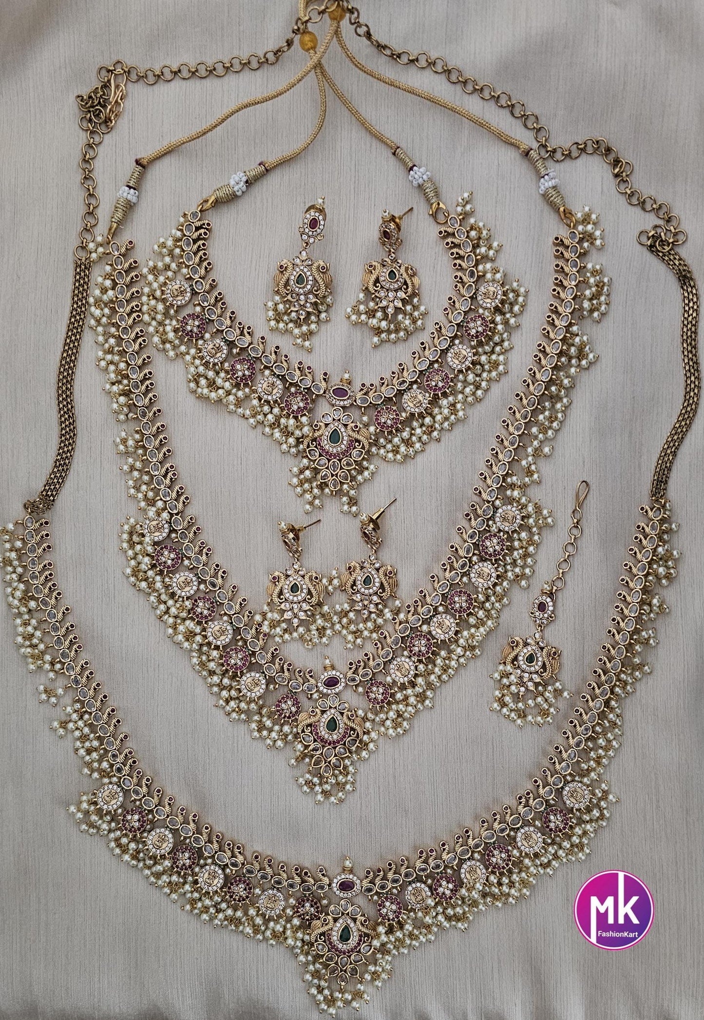 Celebrity Style Peacock Guttapusalu Premium quality Kemp stone Gold Jewelry Replica Combo set - Bridal set - Wedding set - MK Fashionkart