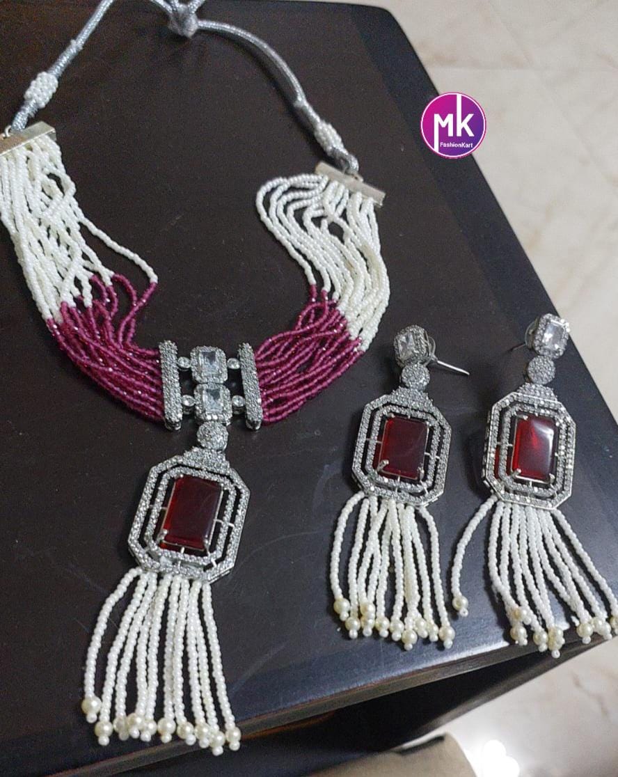 Celebrity Style Premium Silver finish Silver AD/CZ stone Choker with multi-strand piroyi pearls with Beautiful Earrings - MK Fashionkart