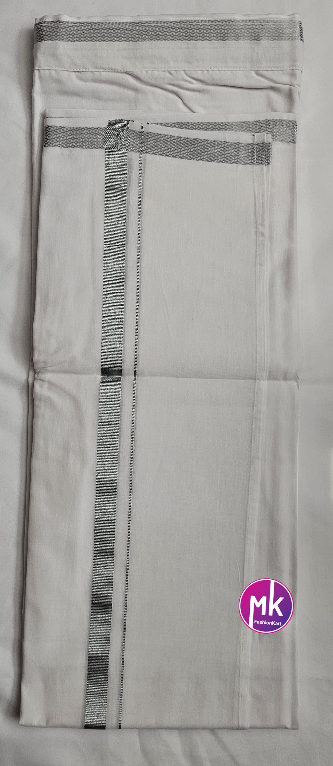 Men's Silk Cotton Dhothi or Vesti (with Fastner) - Adult and Teenager Dhothi  silver  Jari - size adjustable - 24/26, 28/30, 32/34, 36/38