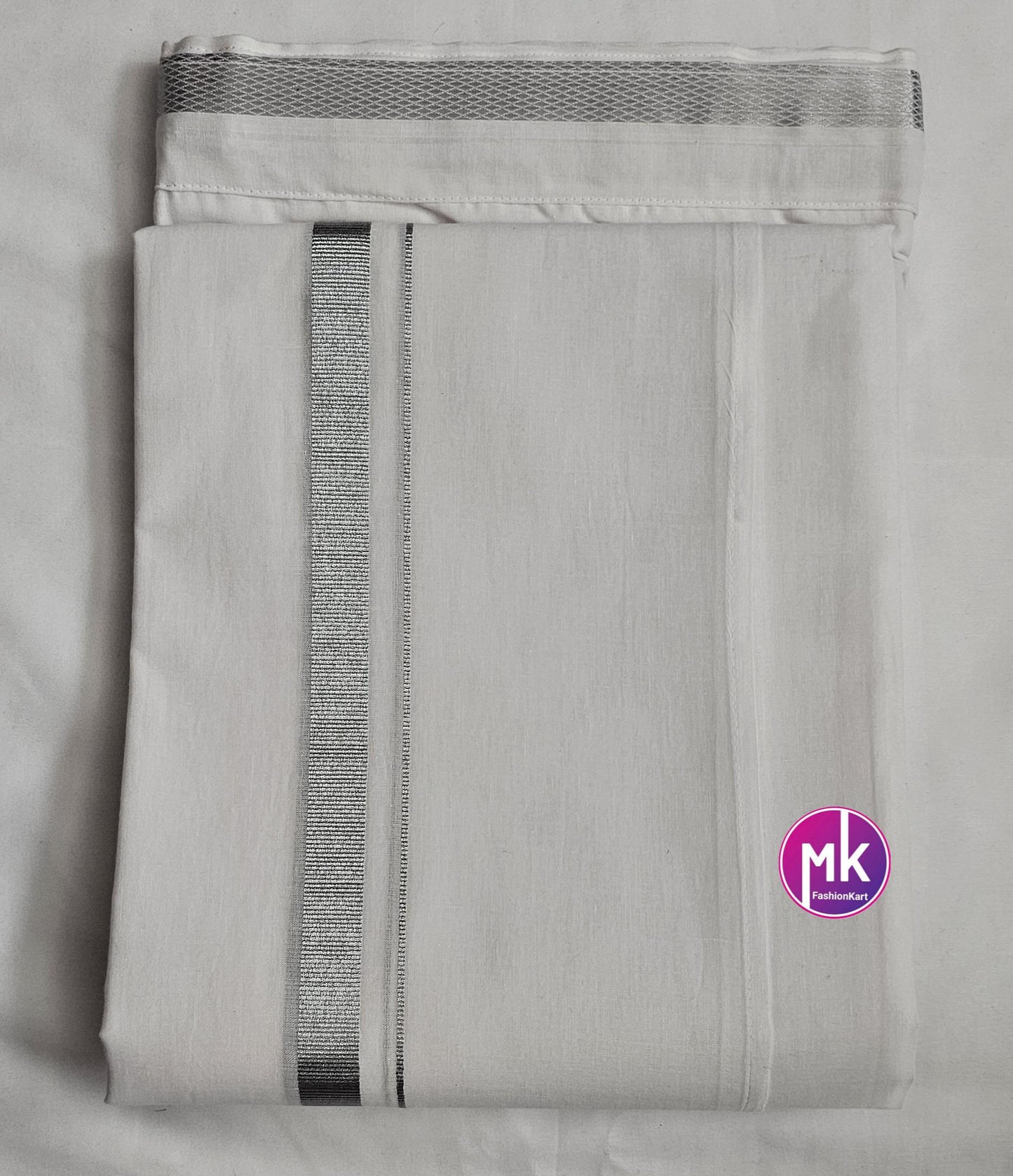Men's Silk Cotton Dhothi or Vesti (with Fastner) - Adult and Teenager Dhothi  silver  Jari - size adjustable - 24/26, 28/30, 32/34, 36/38