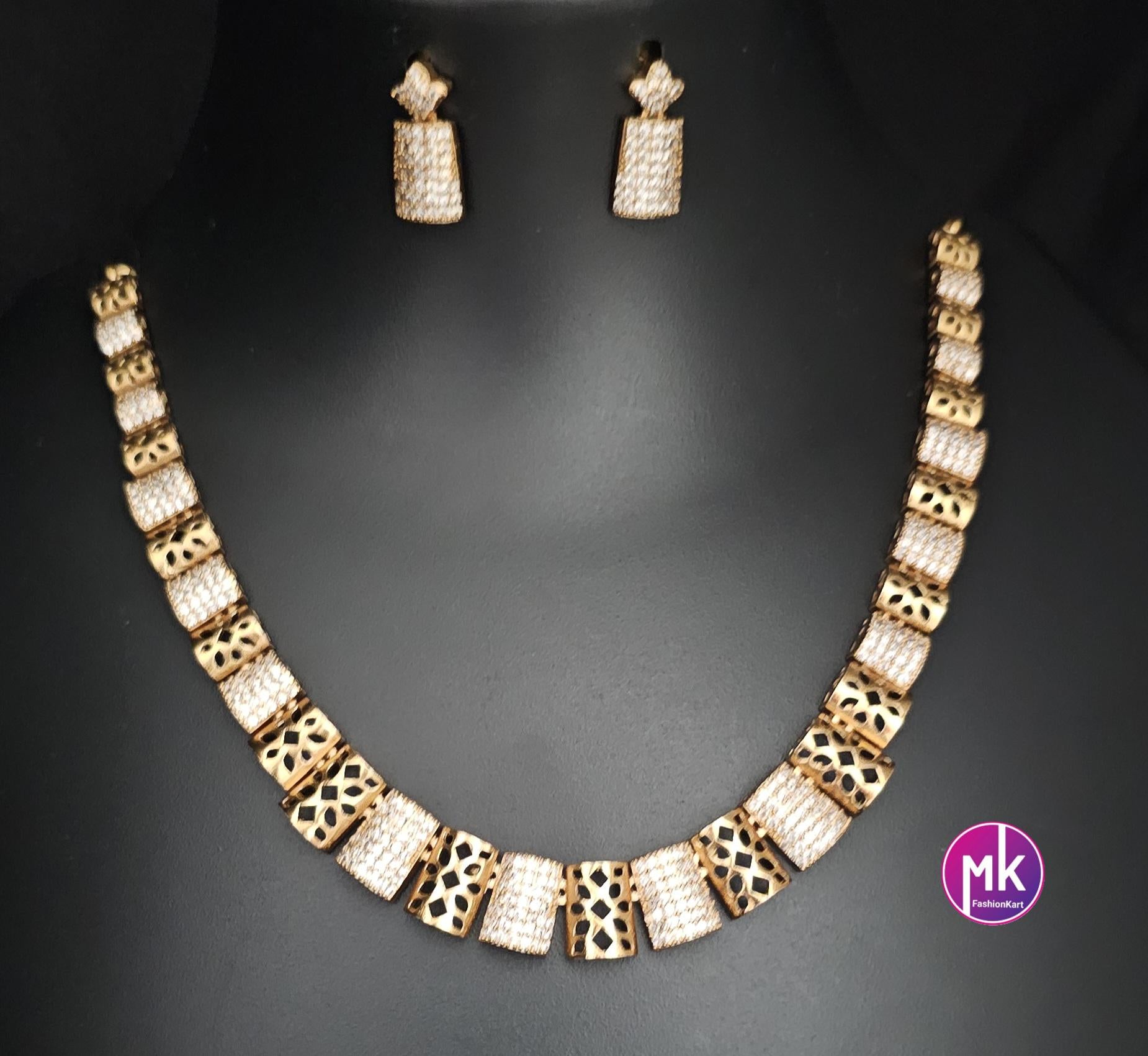 American Diamond Celebrity Style Premium polish Gold finish Necklace with matching Earrings - MK Fashionkart - Fashion Jewelry