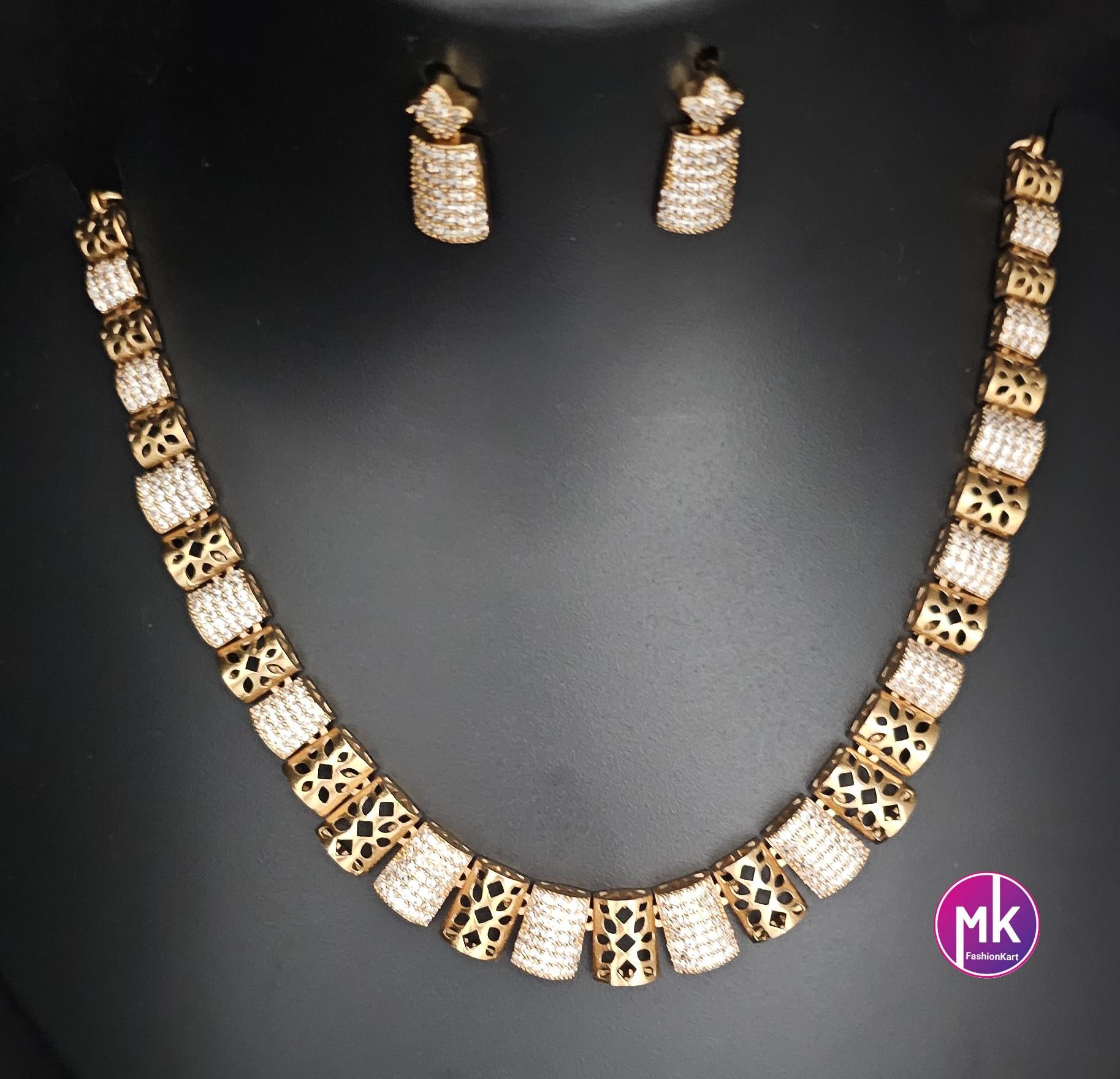 American Diamond Celebrity Style Premium polish Gold finish Necklace with matching Earrings - MK Fashionkart - Fashion Jewelry