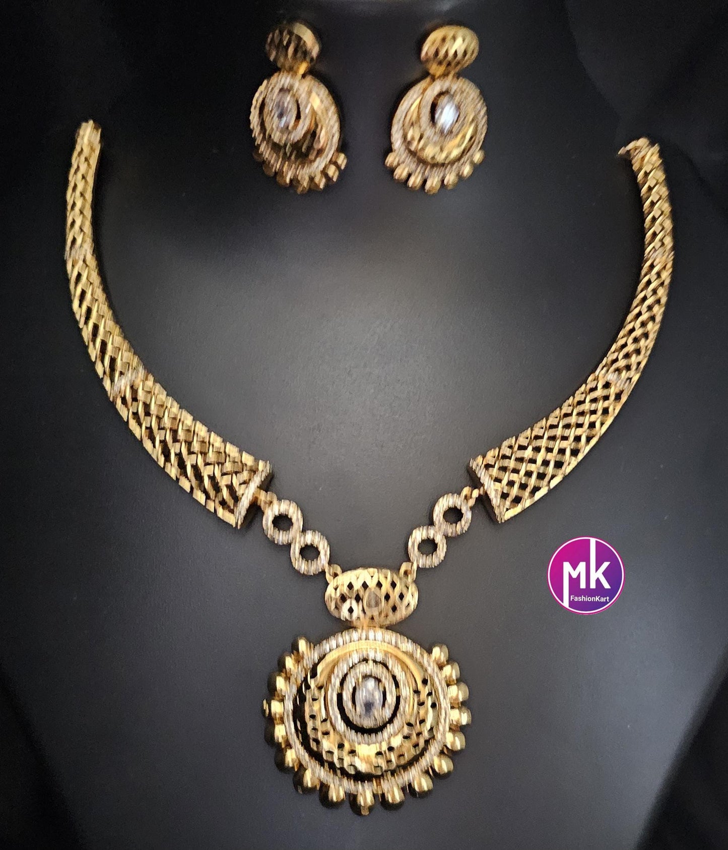 American Diamond Celebrity Style Premium polish Gold finish Necklace with matching Earrings - Adult cum Teen - MK Fashionkart