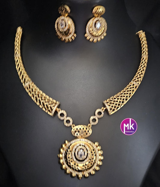 American Diamond Celebrity Style Premium polish Gold finish Necklace with matching Earrings - Adult cum Teen - MK Fashionkart
