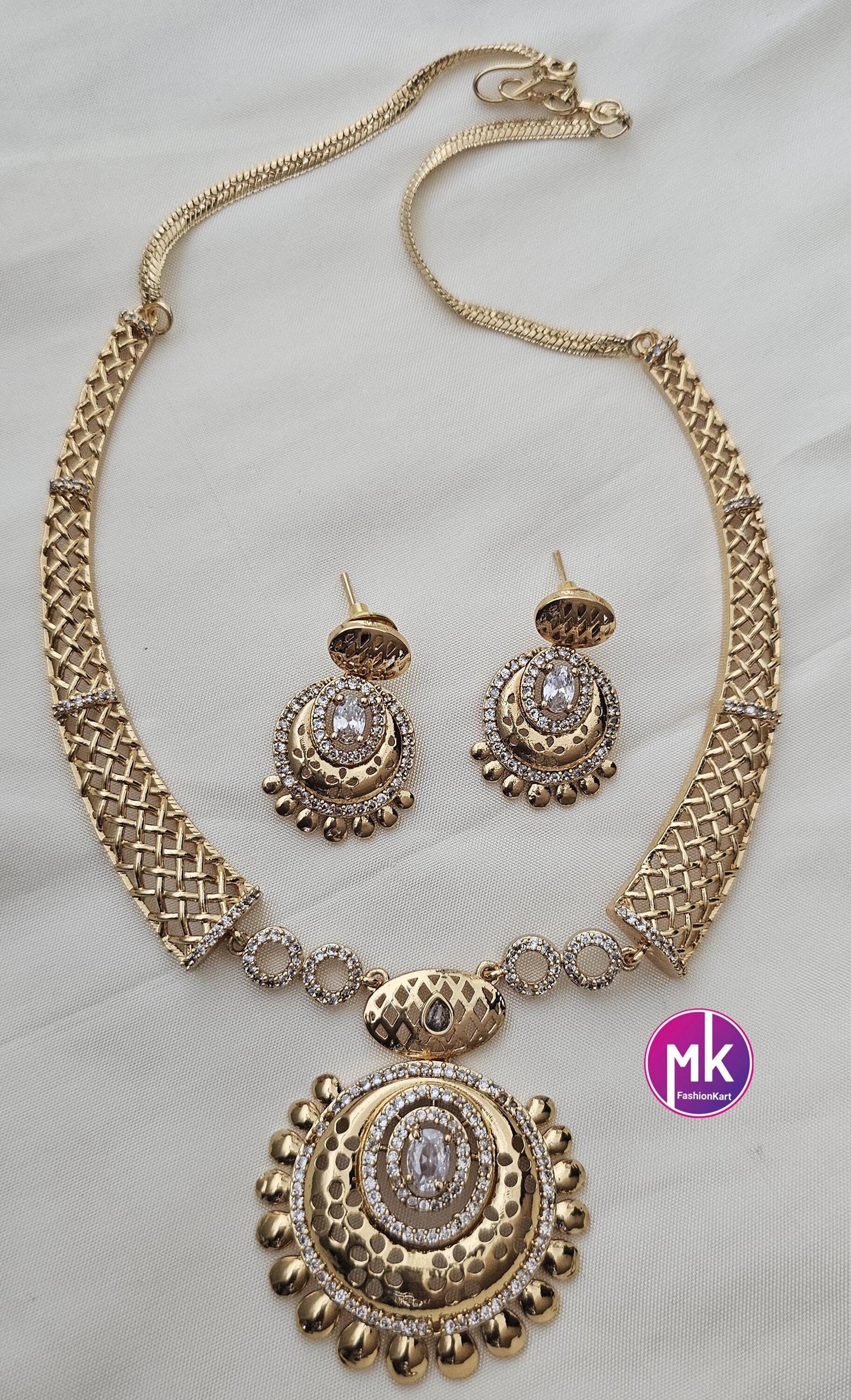 American Diamond Celebrity Style Premium polish Gold finish Necklace with matching Earrings - Adult cum Teen - MK Fashionkart