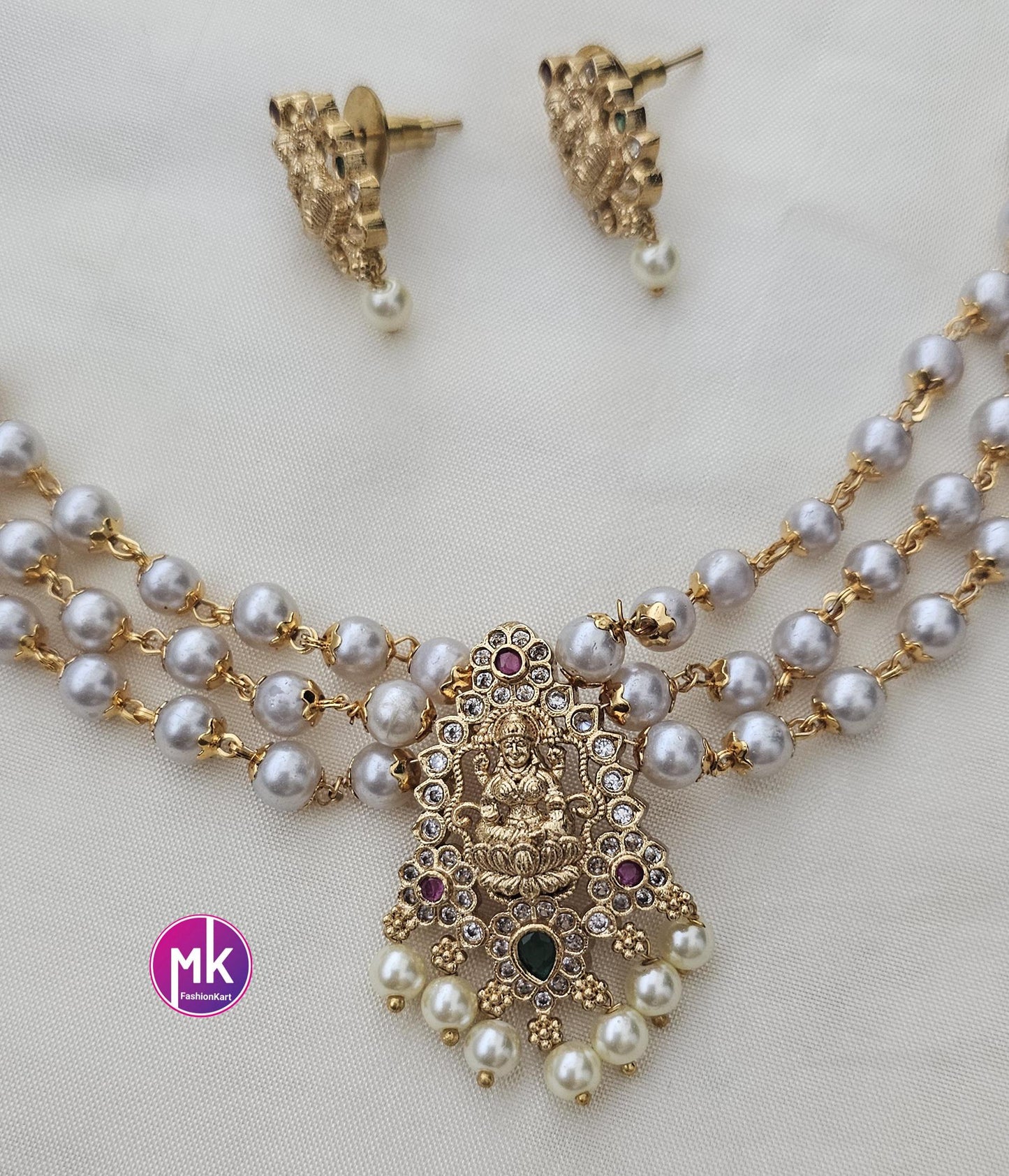 Lakshmi Premium Quality gold finish pearl Choker with matching Lakshmi Earrings - Fashion Jewelry - MK Fashionkart