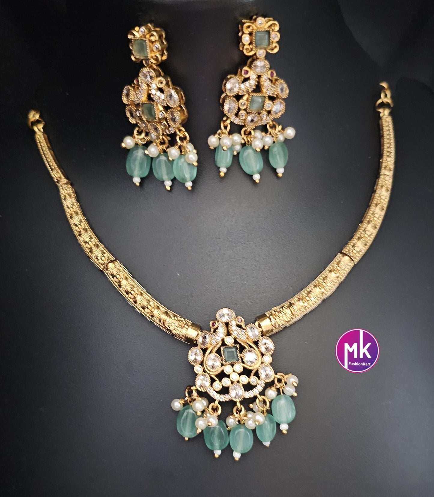 Premium Quality Hasli type stone necklace with matching Earrings - Adult cum Teen Necklace - Fashion Jewelry - Mk Fashionkart