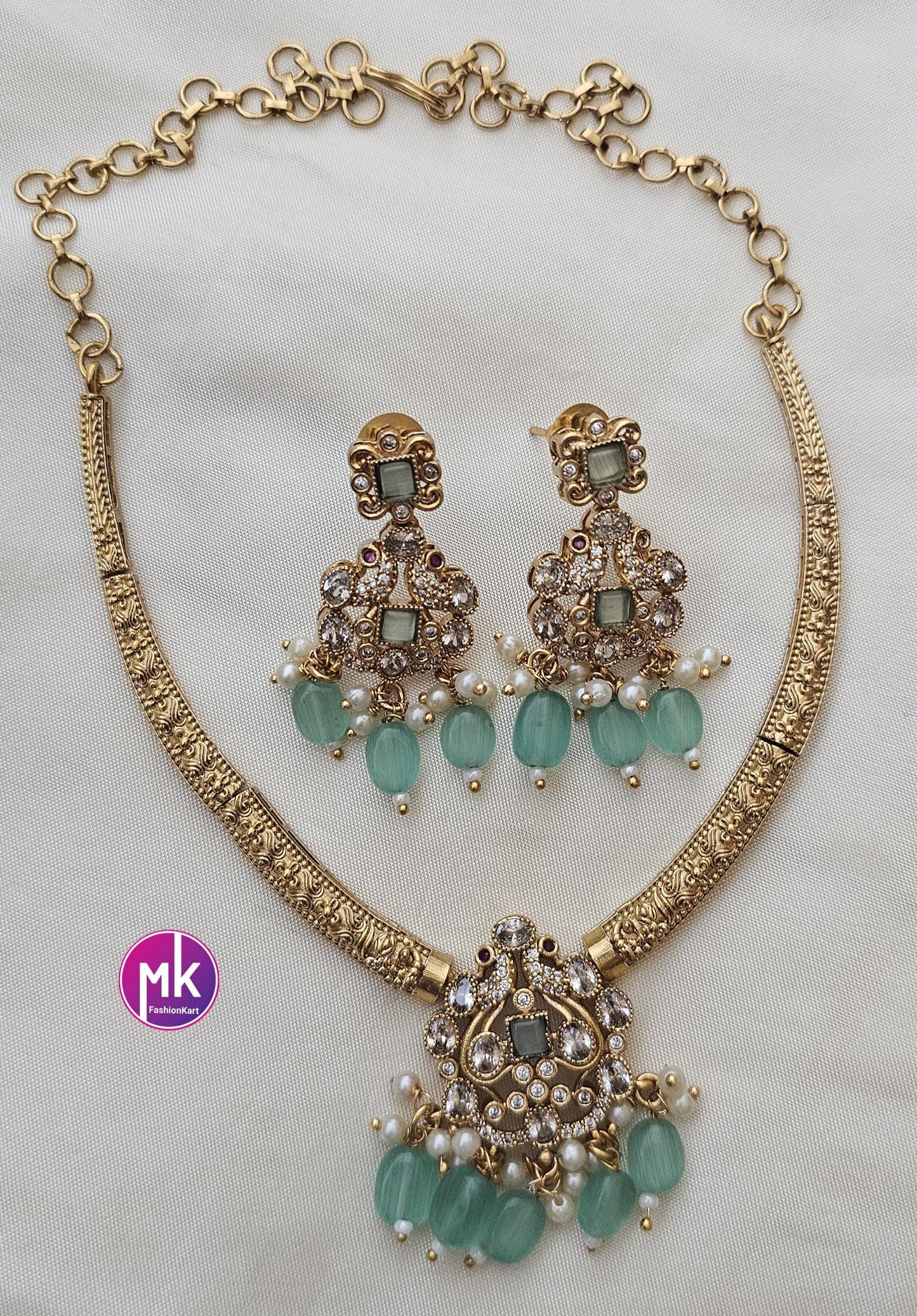 Premium Quality Hasli type stone necklace with matching Earrings - Adult cum Teen Necklace - Fashion Jewelry - Mk Fashionkart