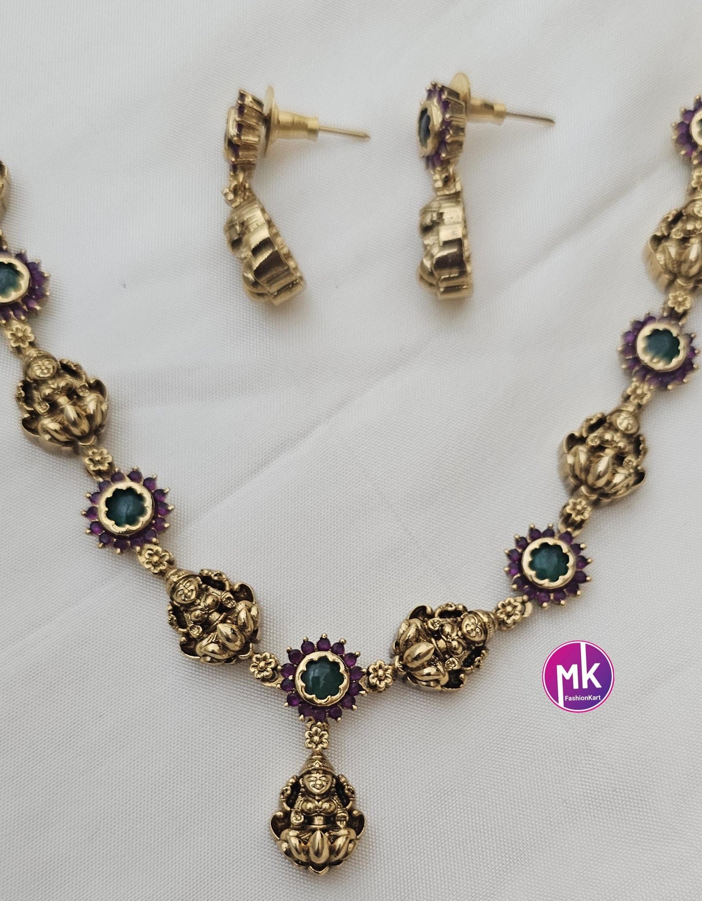 Lakshmi Design matte gold polish multi-color stone Necklace with matching Earrings - Gold Jewelry Replica - MK Fashionkart