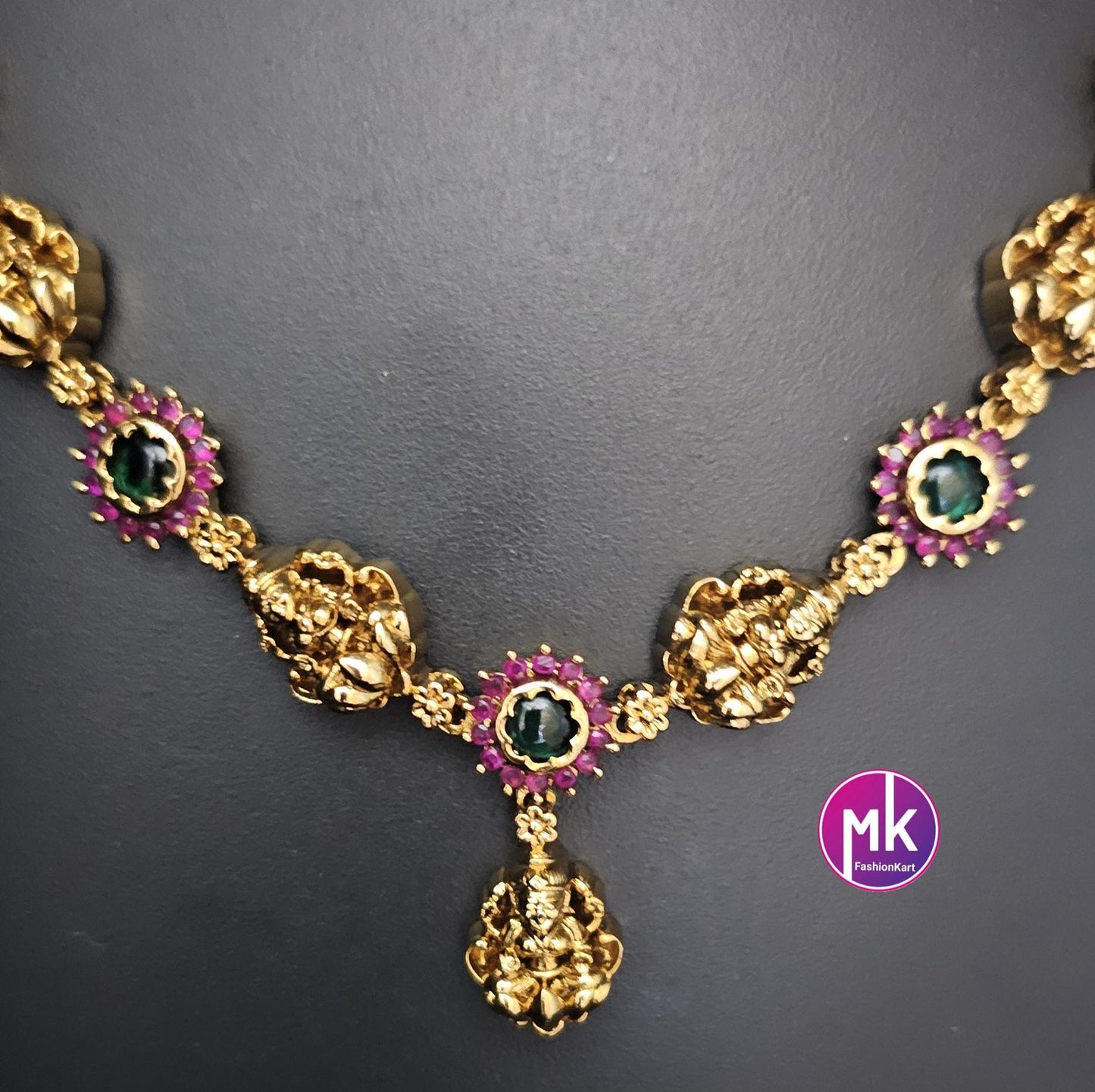Lakshmi Design matte gold polish multi-color stone Necklace with matching Earrings - Gold Jewelry Replica - MK Fashionkart