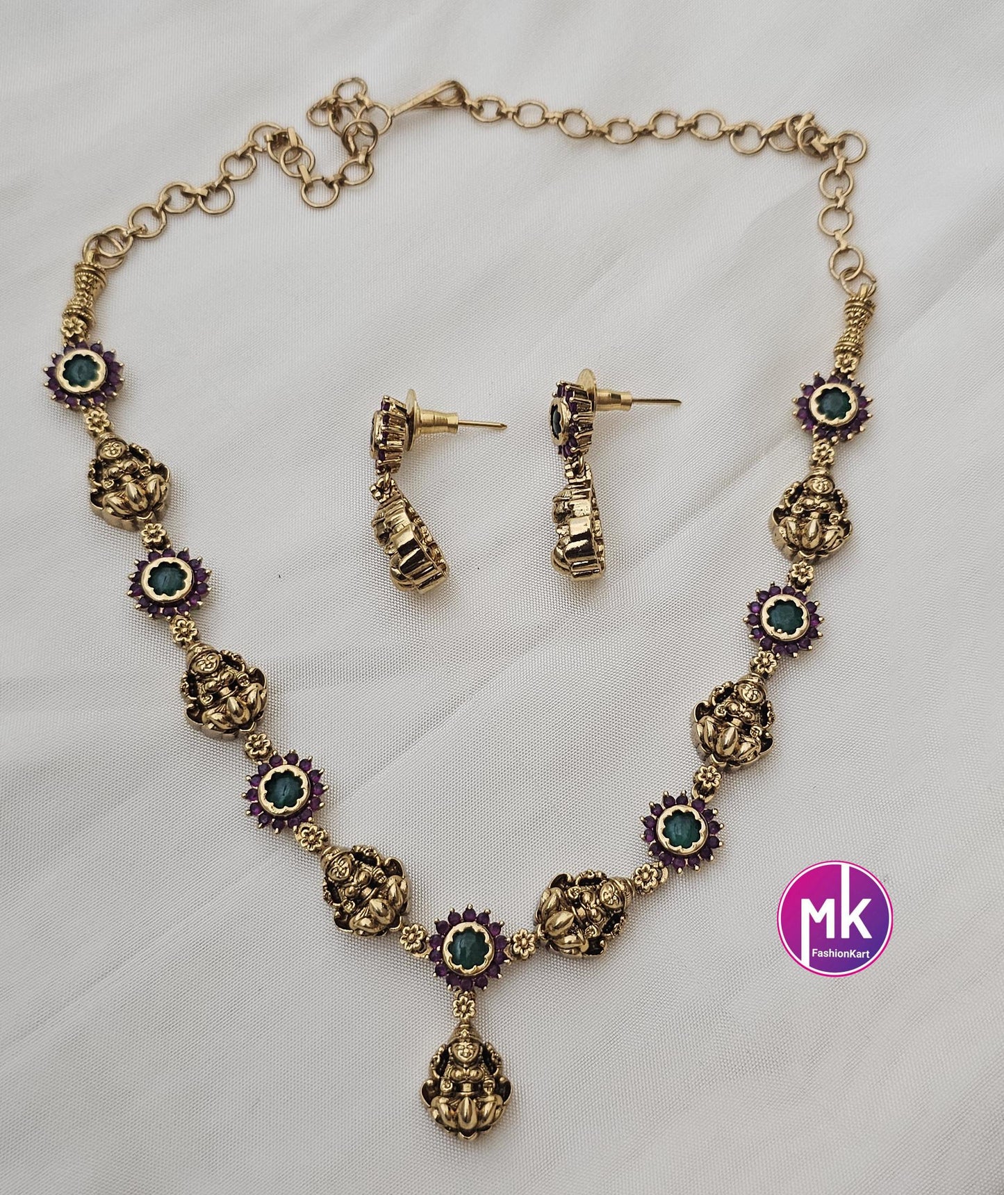 Lakshmi Design matte gold polish multi-color stone Necklace with matching Earrings - Gold Jewelry Replica - MK Fashionkart