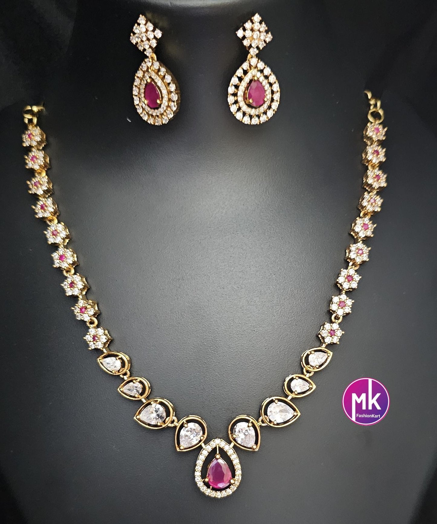 Flower design premium quality Multi-color AD/CZ stone Necklace with matching Earrings - Adult cum Teen Necklace - MK Fashionkart