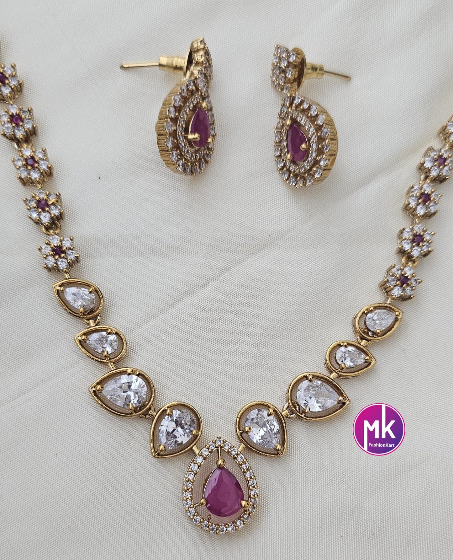 Flower design premium quality Multi-color AD/CZ stone Necklace with matching Earrings - Adult cum Teen Necklace - MK Fashionkart