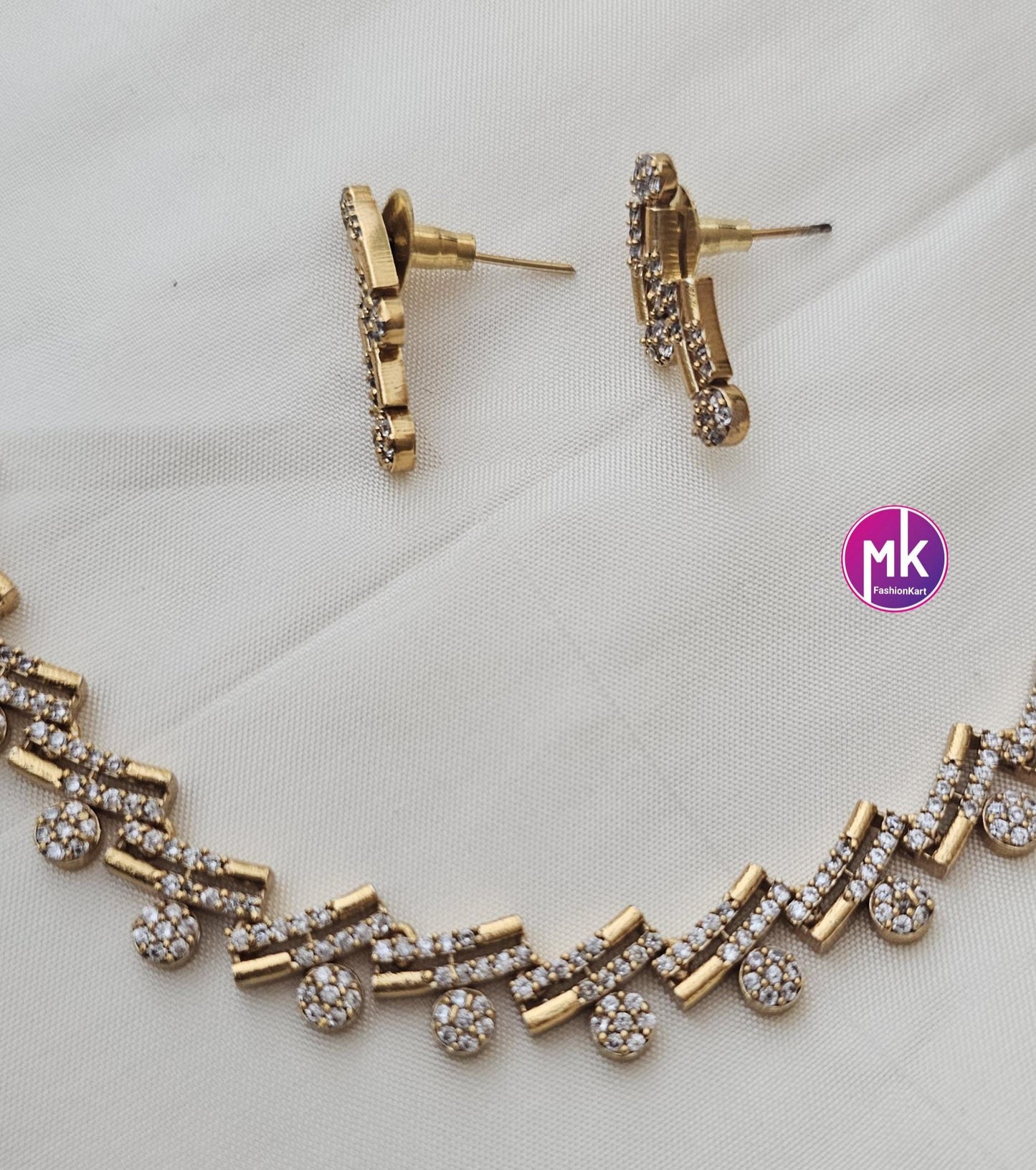 American Diamond Premium polish Gold finish Necklace with matching Earrings - Adult cum Teen Necklace - MK Fashionkart - Fashion Jewelry