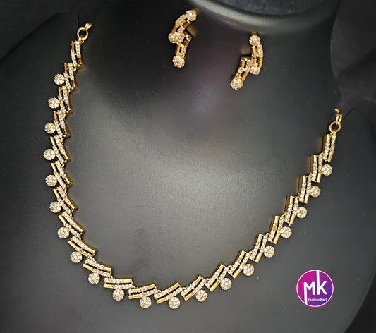 American Diamond Premium polish Gold finish Necklace with matching Earrings - Adult cum Teen Necklace - MK Fashionkart - Fashion Jewelry