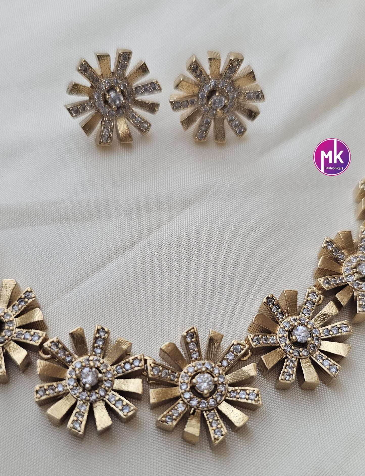 Flower Design American Diamond Premium polish Gold finish Necklace with matching Earrings - Adult cum Teen Necklace - MK Fashionkart