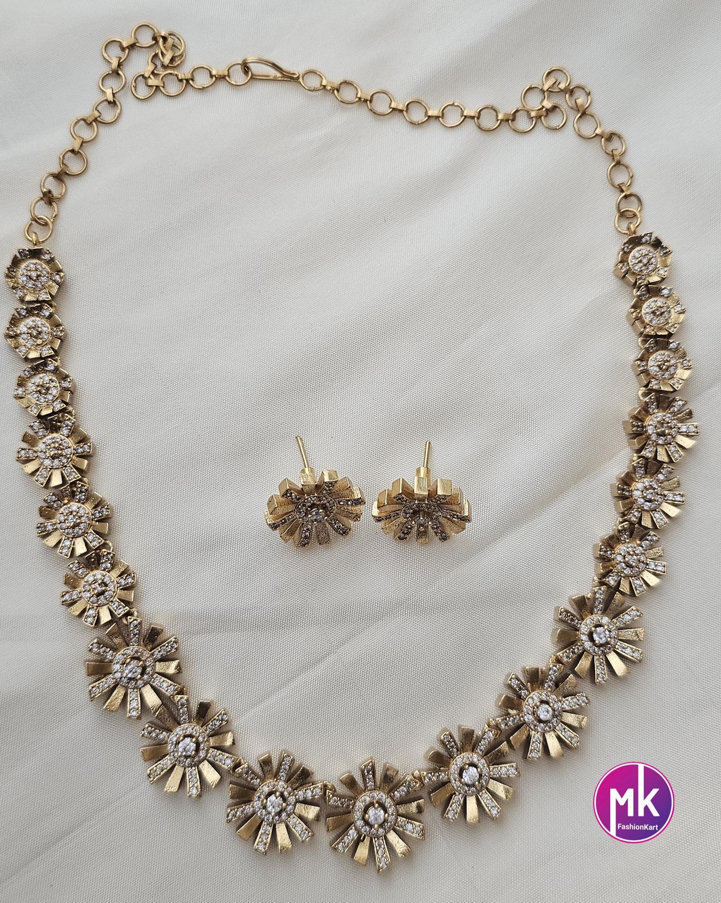 Flower Design American Diamond Premium polish Gold finish Necklace with matching Earrings - Adult cum Teen Necklace - MK Fashionkart