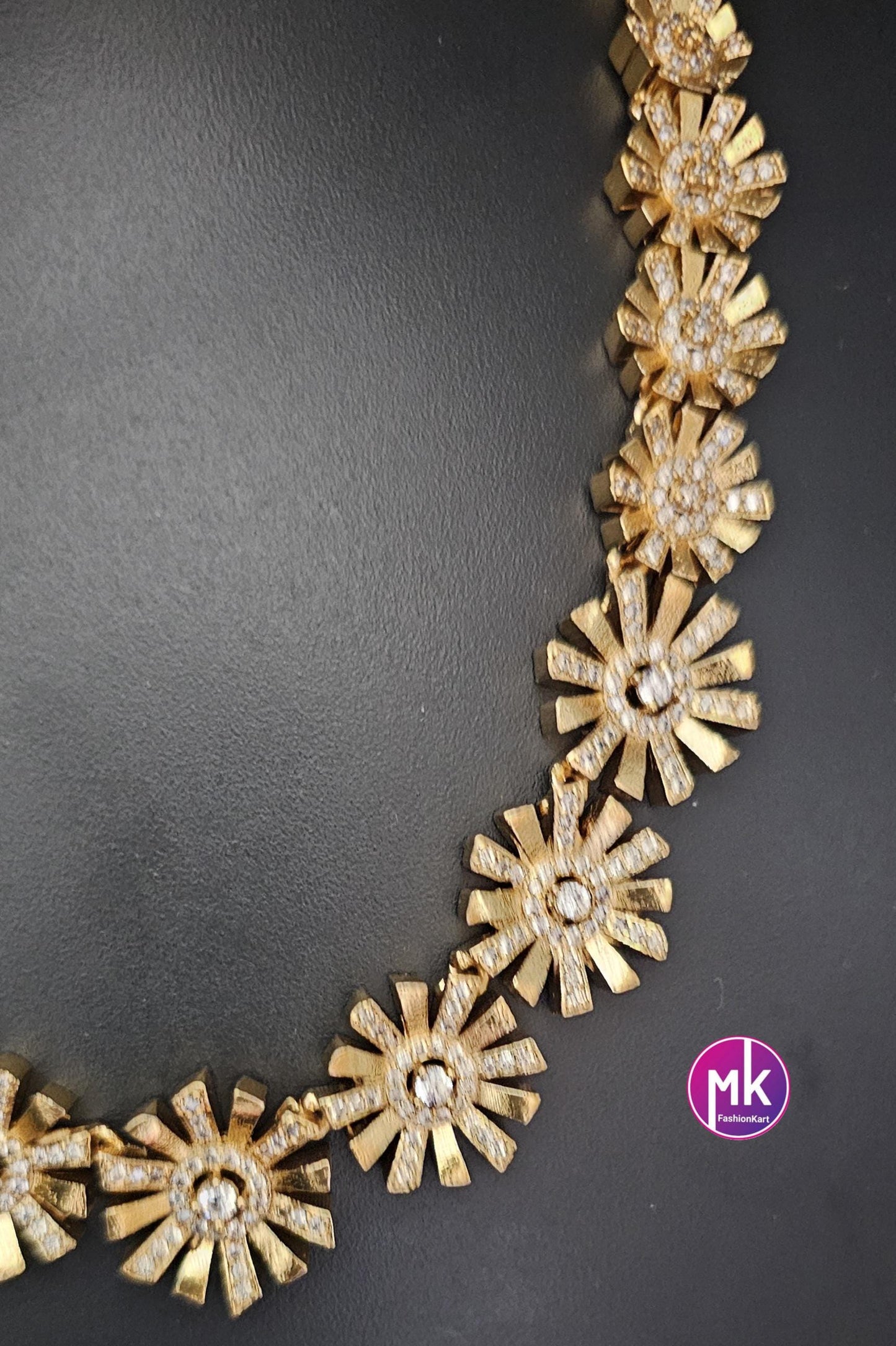 Flower Design American Diamond Premium polish Gold finish Necklace with matching Earrings - Adult cum Teen Necklace - MK Fashionkart