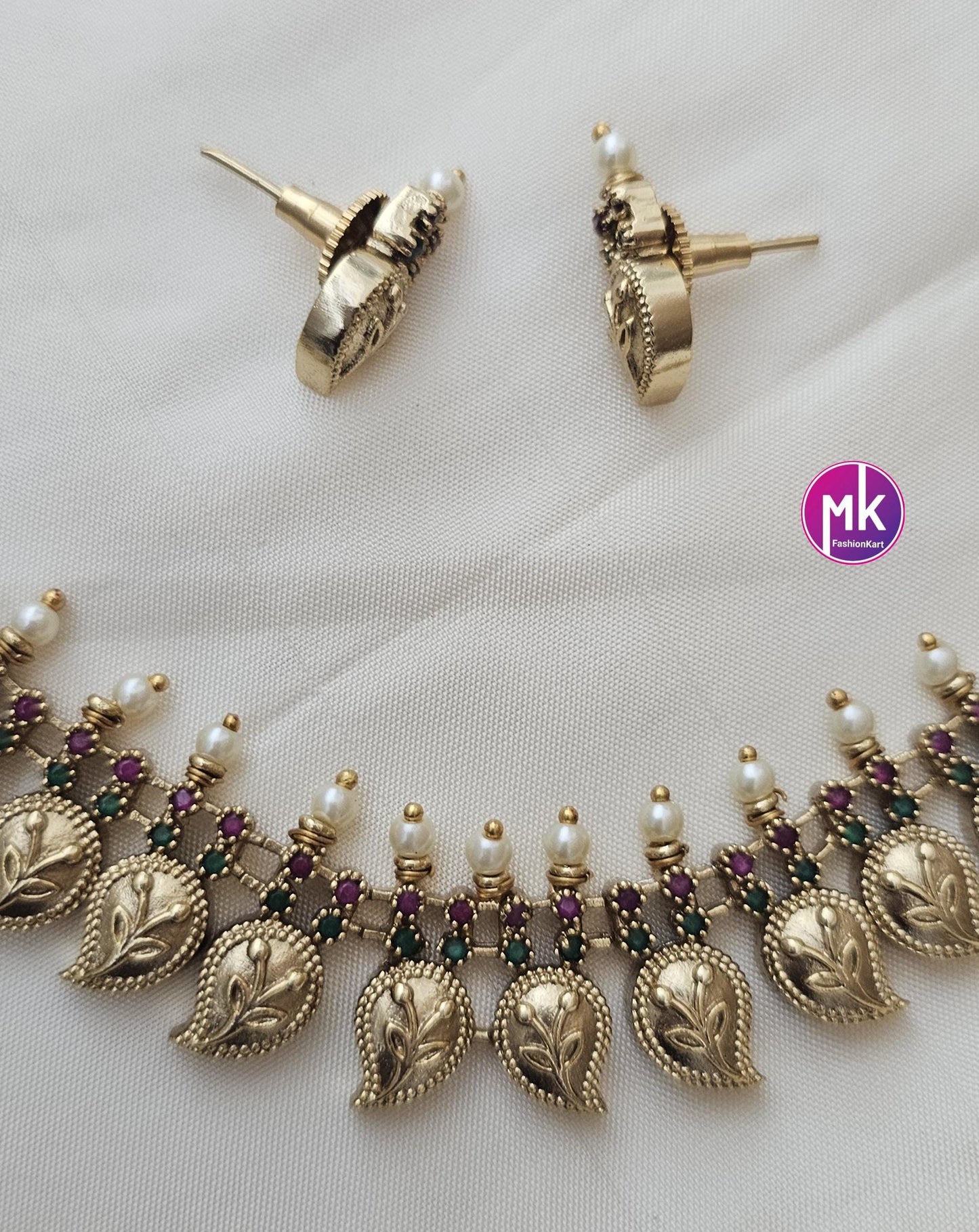 Mango design matte gold finish AD Stone with pearl Multi-color Necklace w matching Earrings - Adult cum Teen - Gold Replica - MK Fashionkart