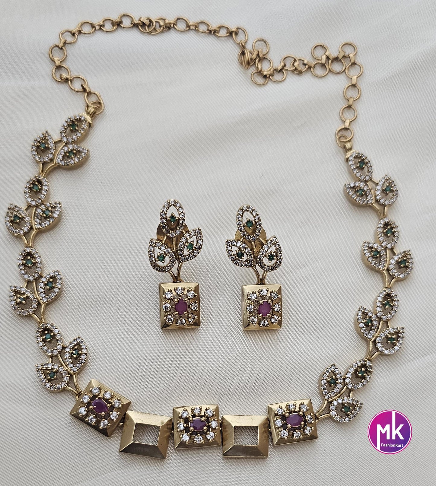 Leaf design matte gold finish Necklace with matching Earrings - Adult cum Teen Necklace - MK Fashionkart - Fashion Jewelry