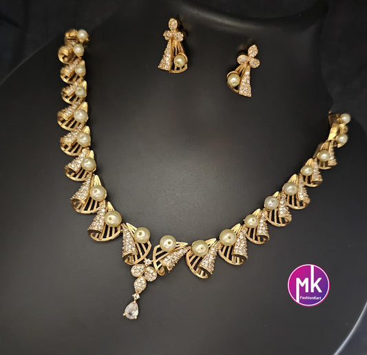 American Diamond Premium polish Gold finish Necklace with pearls and matching Earrings - Adult cum Teen Necklace - MK Fashionkart